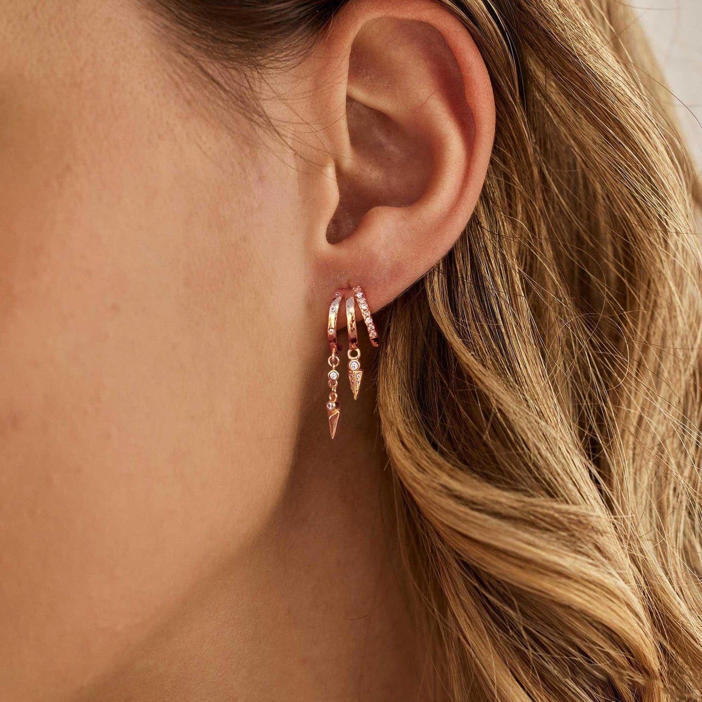 SELSHE Hoop Earrings for Women,Simple Rose Gold Dangle Earrings Dainty Triple Huggie Earrings Studs Hypoallergenic Statement Rose Gold Earrings for Women Trendy Cute Jewelry