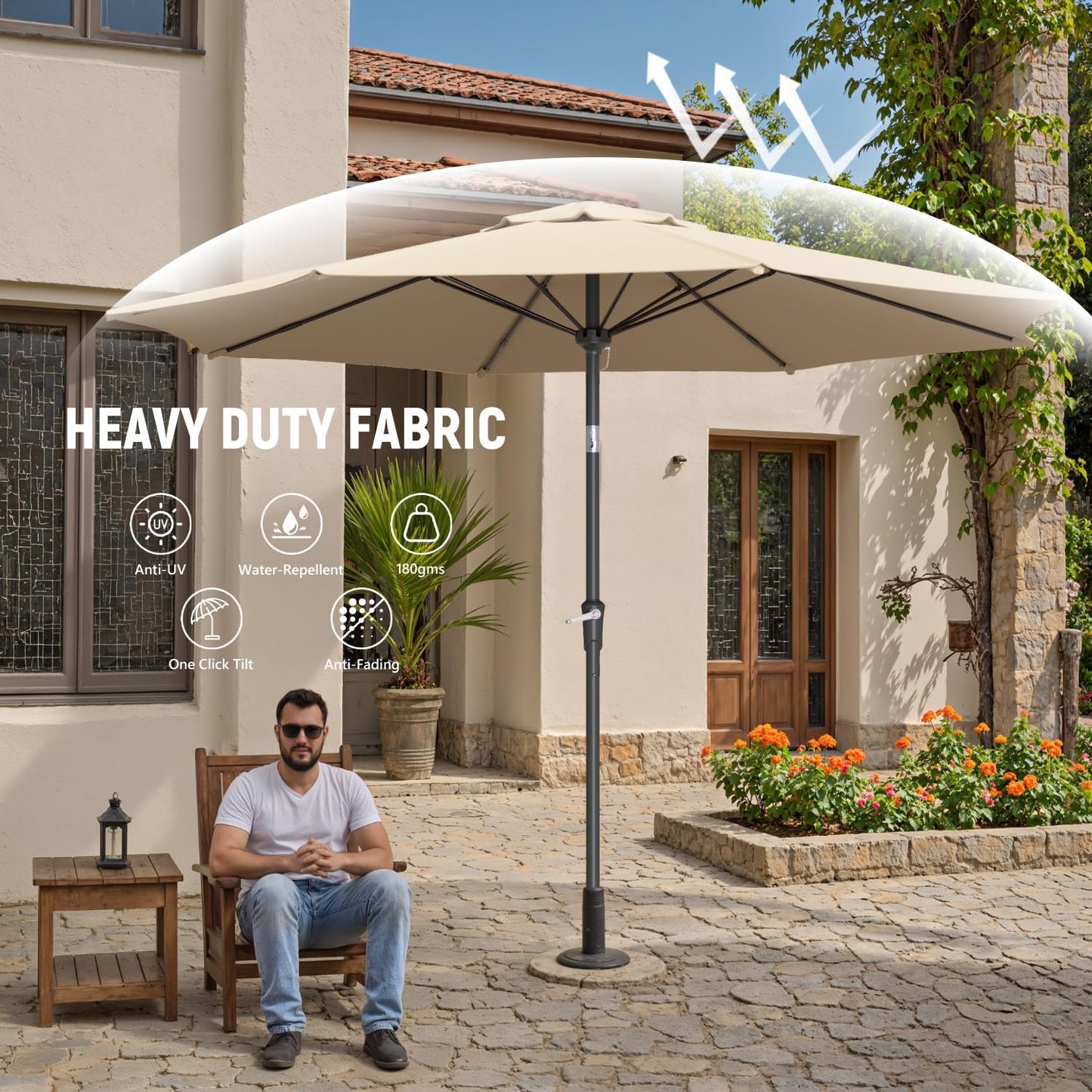 Benass 9ft Outdoor Patio Umbrella with One Push Button Tilt and Crank, 8 Sturdy Fiberglass Ribs Market Table Umbrella (Beige)