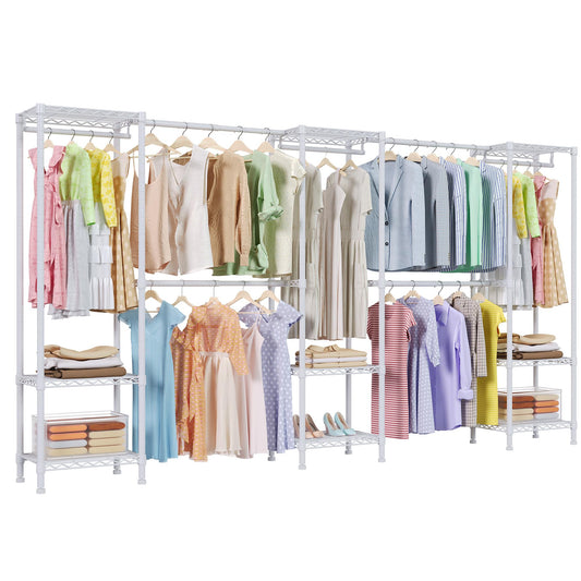 Higeego H11 Heavy Duty Garment Rack, Clothing Rack for Hanging Clothes, Extra Large Closet, Freestanding Wardrobe Closet Organizer and Storage with Hanger Rods, Extendable from 7.8 to 10.8 ft, White