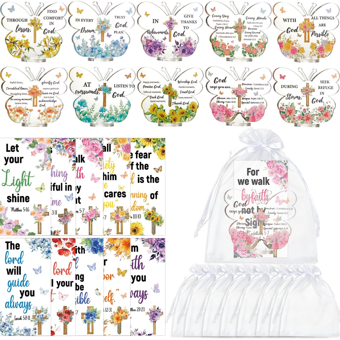 20 Sets Butterfly Acrylic Sign with Stand Christian Gifts Bulk Religious Bible Verse Desk Decor with Cards Organza Bags Inspirational Church Gift for Women Mother Girls Birthday Party Favor Faith Gift