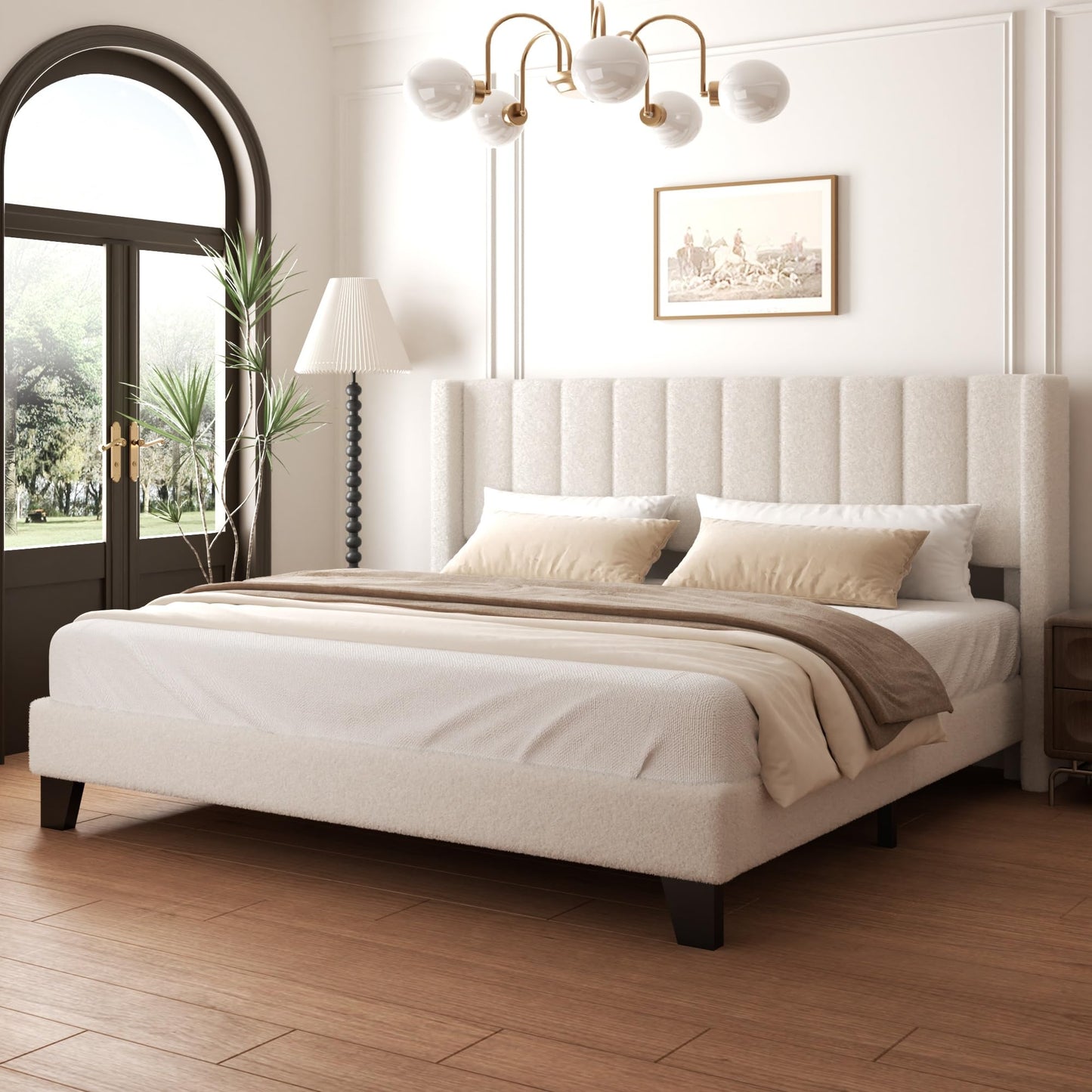 wirpexhowak King Bed Frame with Headboard Upholstered Platform Bed Frame with Teddy Velvet Headboard, Wooden Slats Support/Wing Edge Design/No Box Spring Needed/Easy Assembly, Beige King
