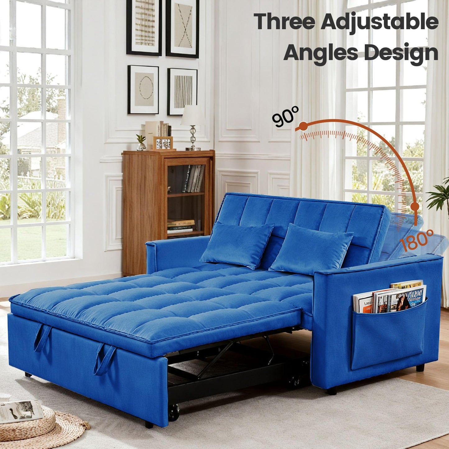 Trygoal Convertible Sofa Bed, Pull Out Couch with Side Pockets, 3 in 1 Velvet Fabric Loveseat Sleeper Sofa Bed, Pull Out Couch with Adjustable Backrest for Living Room, Bedroom, Apartment, Blue