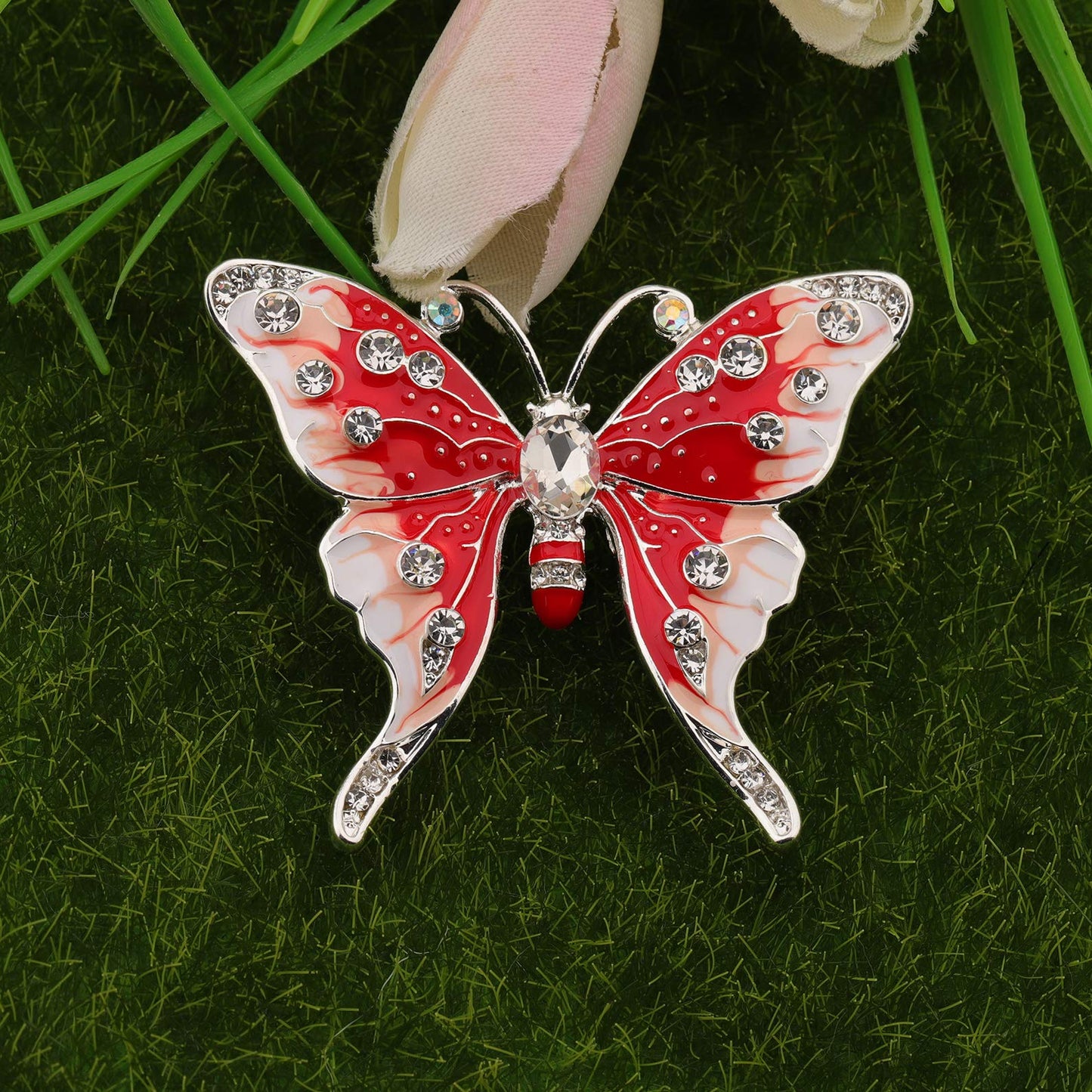 FEELMEM Crystal Rhinestone Butterfly Brooch Pin Blue Color Butterfly Brooches for For Women Wedding/Banquet/Birthday Party (red)