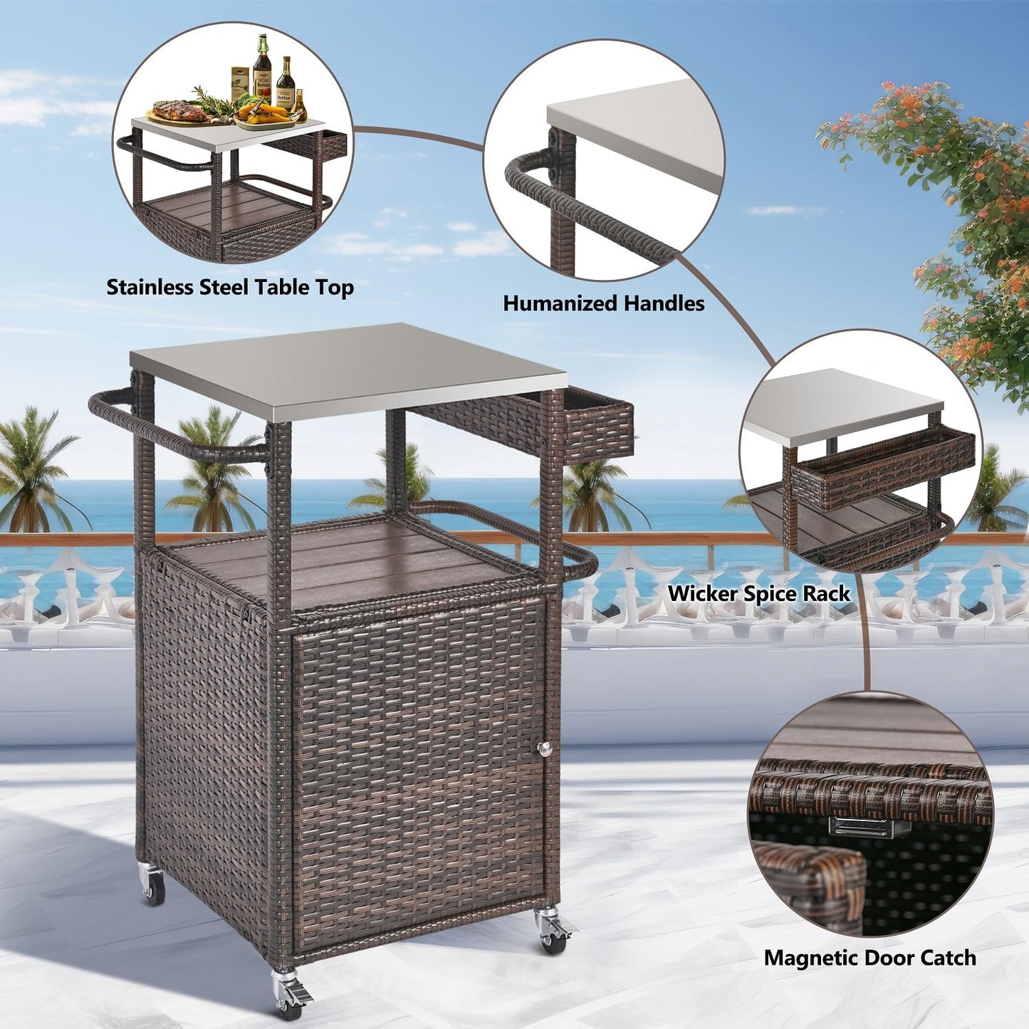 Grill Cart Outdoor with Wheels Outdoor Prep Table Grill Station with Storage Outdoor Kitchen Island Serving Cart with Stainless Steel Table Top BBQ Storage Cabinet for Outside Wicker Bar Cart Brown