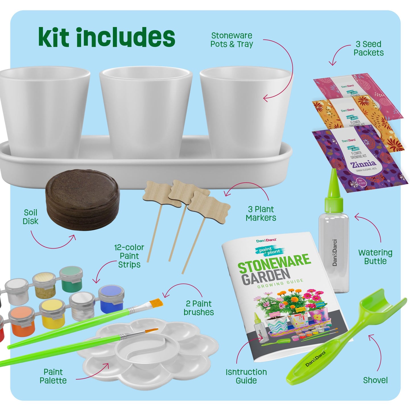 Dan&Darci Paint & Plant Flower Garden Kit for Kids — Stoneware Pots, Seeds & Paint Set — STEM Arts & Crafts Gift for Boys and Girls Ages 6–12