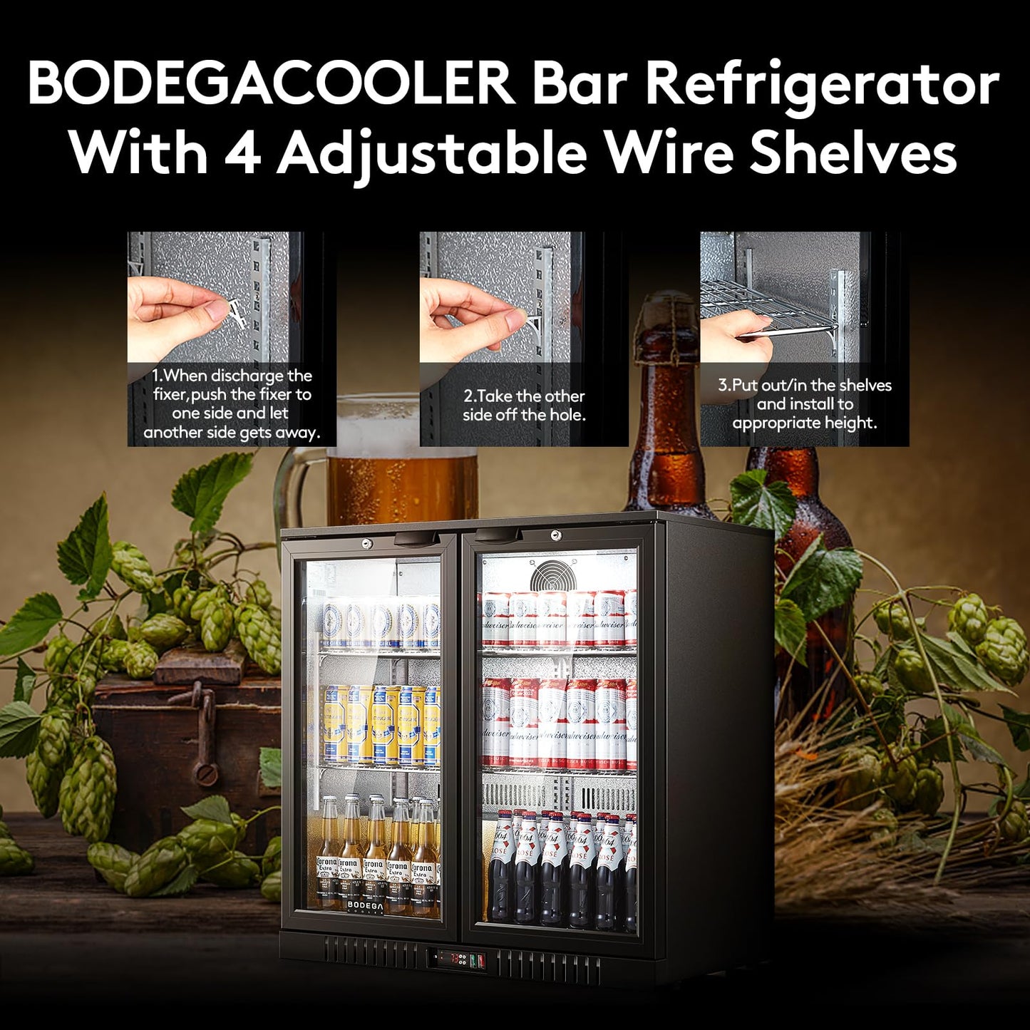 BODEGACOOLER Back Bar Cooler with 2 Doors Under Counter ,7.4cu.ft Glass Door Bar Refrigerator with LED Lighting,Black Bar Cooler,Built-In or Under Counter Freestanding Hold 68 bottles or 220 cans