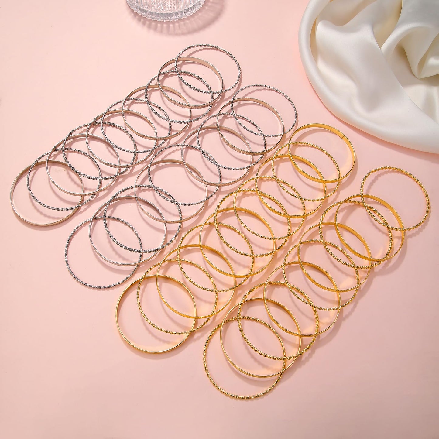 RINTOLER 19Pcs Silver Bangle Bracelets for Women - Multi Layer Stackable Textured Bracelets Boho Jewelrys Set (19Pc Silver)