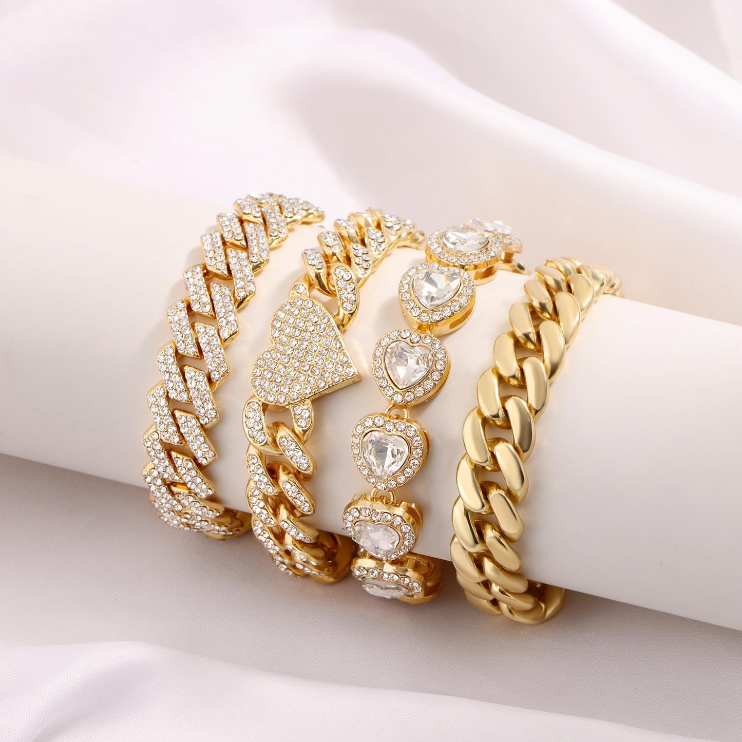 shopbyskyler 4PCS Gold Bracelets for Women Silver Clustered Tennis Bracelet for Women Heart Round Diamond Cuban Bracelet Layered Link Bracelet Set Fashion Jewelry (Gold-2, 8inch)