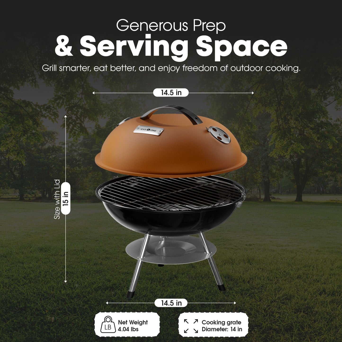GasOne – 14-inch Portable Barbecue Grill with Thermometer - 3-Point Locking Lid for Heat Preservation – Dual Venting System – Small Charcoal Grill for Backyard, Camping, Boat