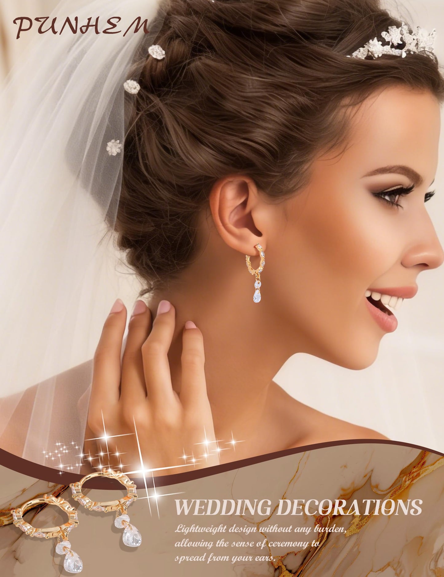 Punhem Dangle Earrings for Women, 14K Gold Plated Elegant Wedding Bride's Long Cubic Zirconia Drop Earrings, Sterling Silver Hypoallergenic Bridesmaid Trendy Dainty Simple Sparkling Wedding Jewelry