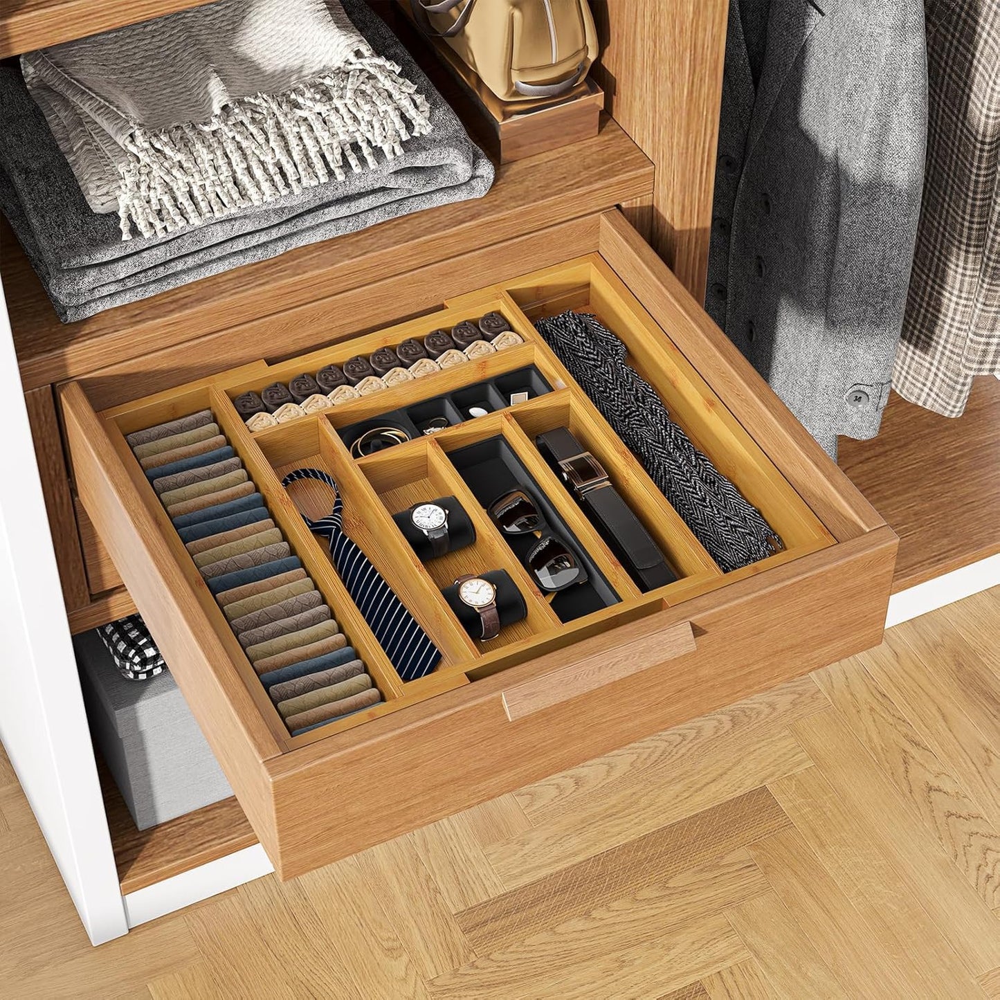 Pipishell Bamboo Expandable Silverware Drawer Organizer, Adjustable Kitchen Utensil Tray for Forks, Spoons and Knives, Wood Storage Cutlery Holder for Bedroom and Living Room