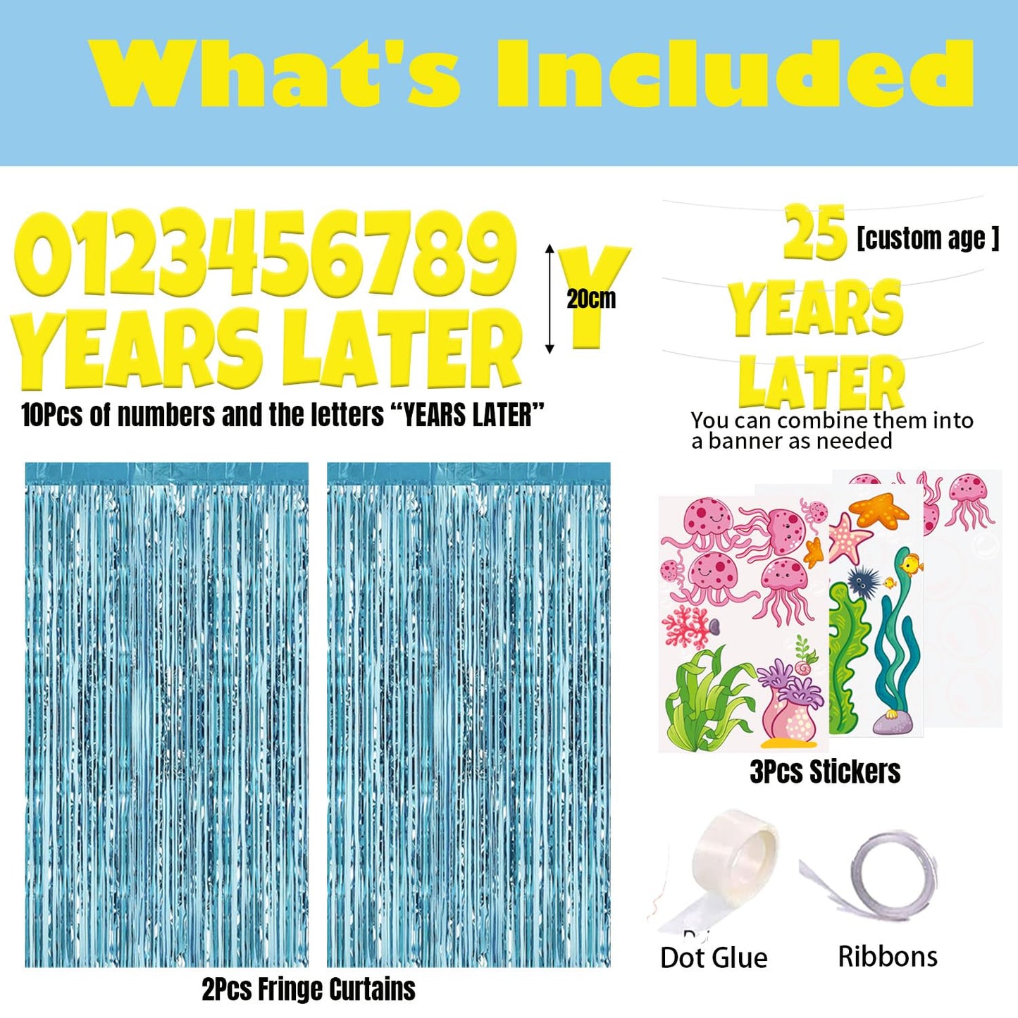 Custom Age Numbers 25 Years Later Birthday Banner Under The Sea Party Decorations – Whats Funnier Than 24 25th 10th Birthday Decorations,Bubble Jellyfish Coral Stickers And Fringe Curtains Backdrop