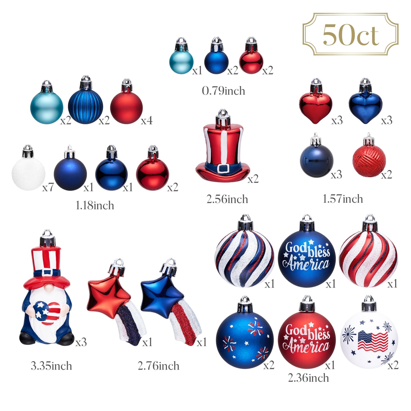 Valery Madelyn 4th of July Tree Decorations for Patriotic Memorial Day Ornaments, 50ct Large Red White Blue Shatterproof Americana Gnome for Independence Day USA 250th Anniversary Hanging Ball Decor