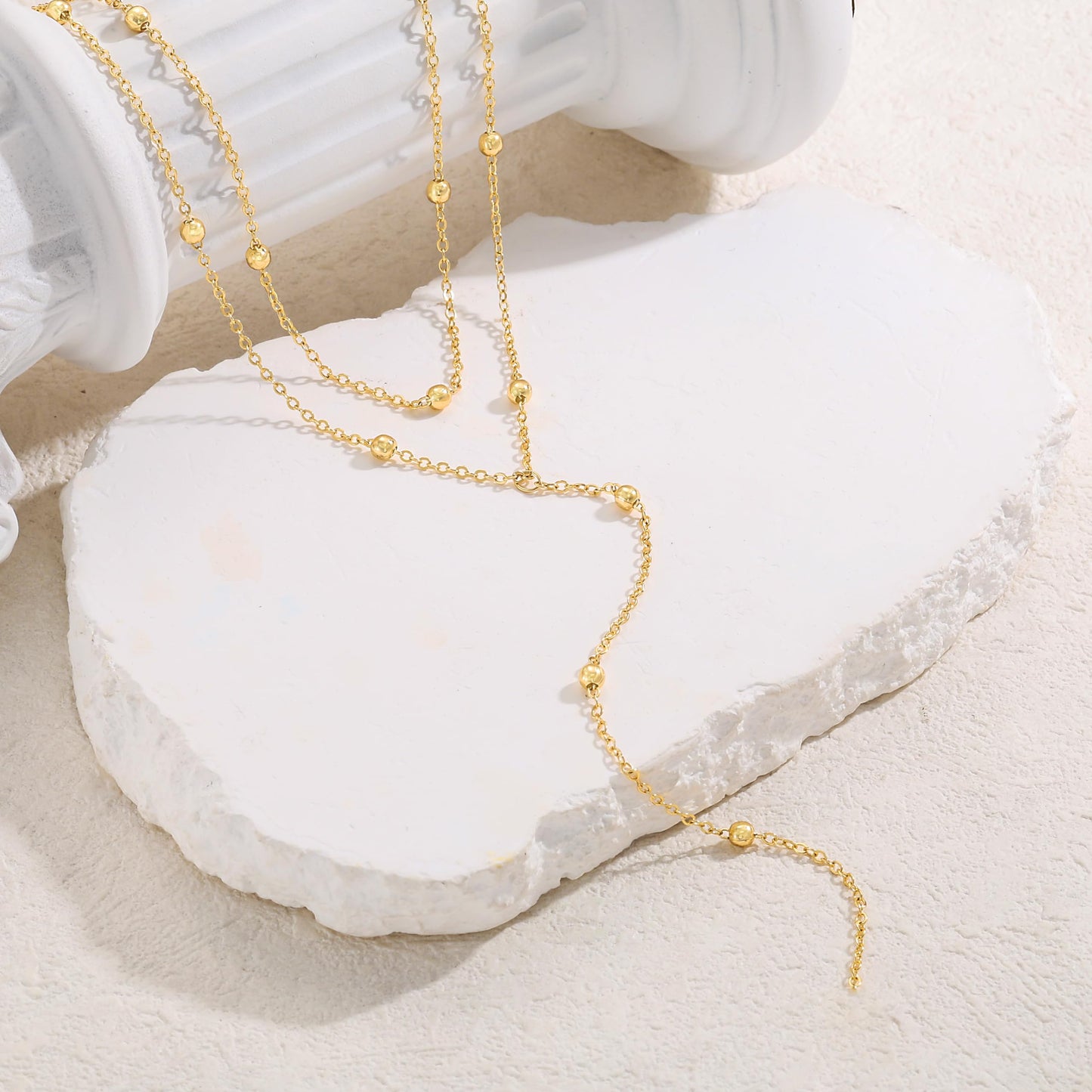 Tewiky Dainty Gold Necklace for Women, 14k Gold Plated Layered Lariat Necklace Simple Long Necklaces for Women Trendy Layering Beaded Chain Gold Choker Necklaces Aesthetic Jewelry for Women