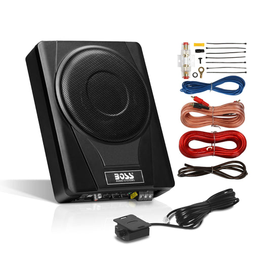 BOSS Audio Systems BASS8K 8 Inch Powered Car Subwoofer and Amplifier Wiring Kit Package - 800 Watts Max Power, Under Seat, Low Profile, 8 Gauge Wiring Kit, for Truck Boxes and Enclosures