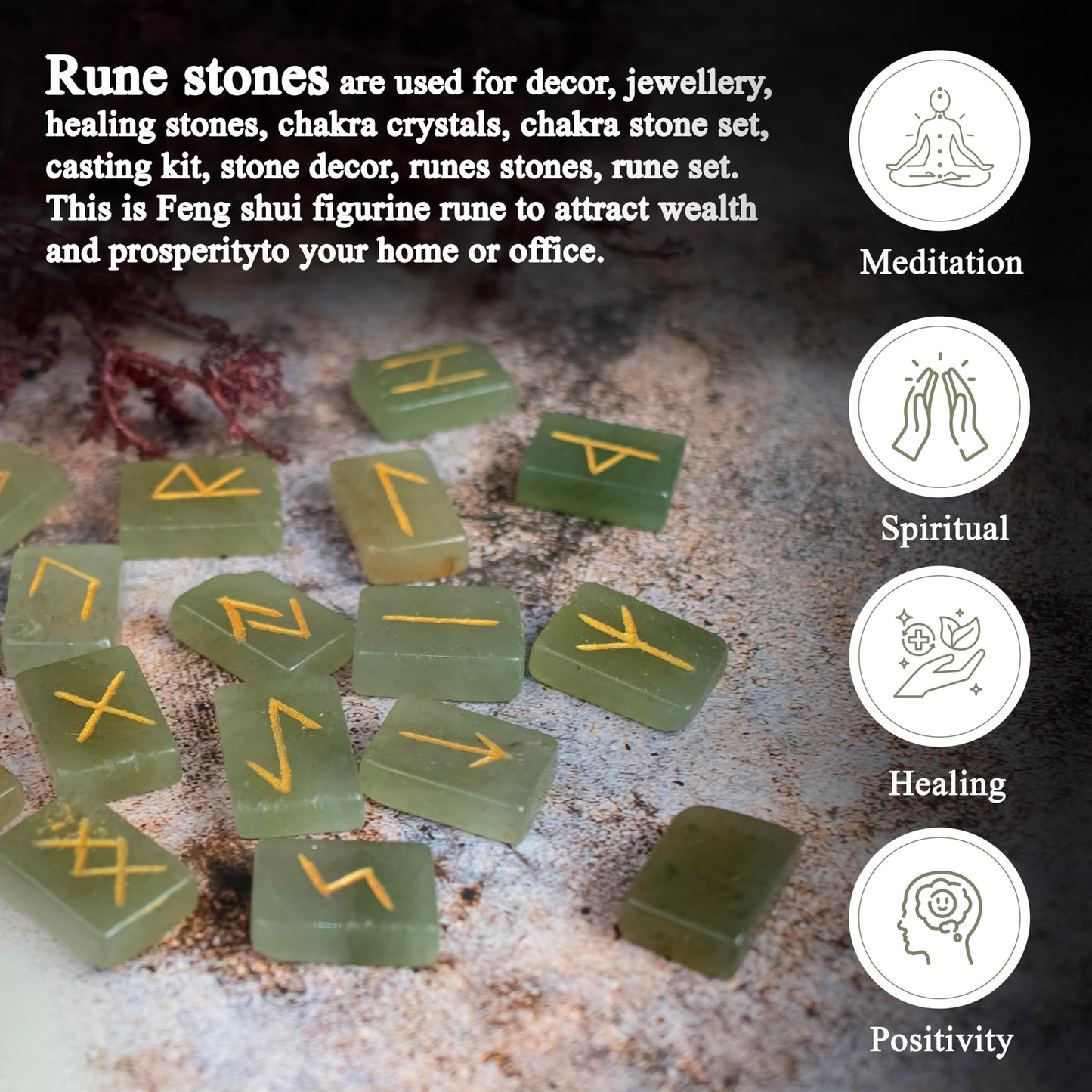 Crocon Green Jade Rectangle Shape Gemstone Runes with Elder Futhark Alphabet Engraved 25 pcs Rune Set Crystal Divination Metaphysical Healing Chakra Reiki Runes Set with a Pouch Size : 20-25mm