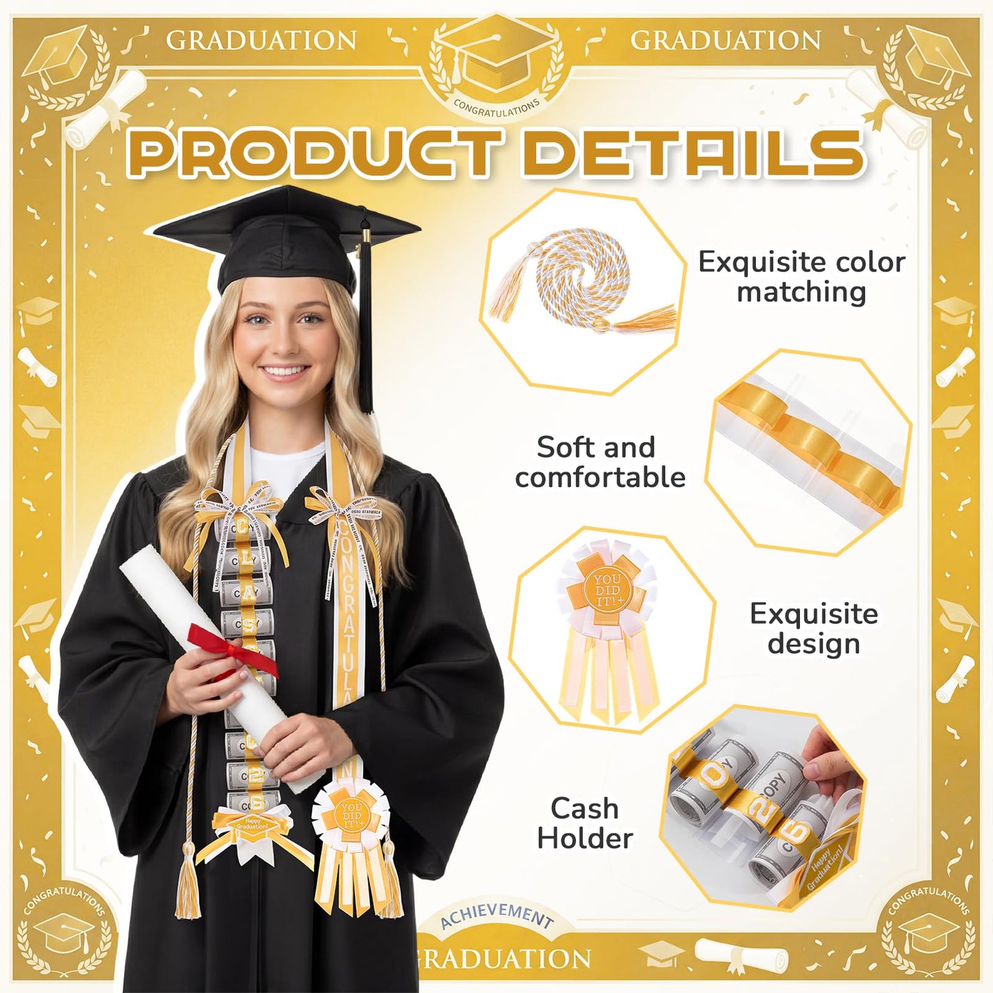 Spakon Graduation Money Lei with Cash Holder, 48 Inch 2026 Graduation Ribbon Lei with Honor Cord 2026 Grad Braided Necklace for DIY Women Men College Party Decor Supplies Grad Cash Gift(White, Gold)