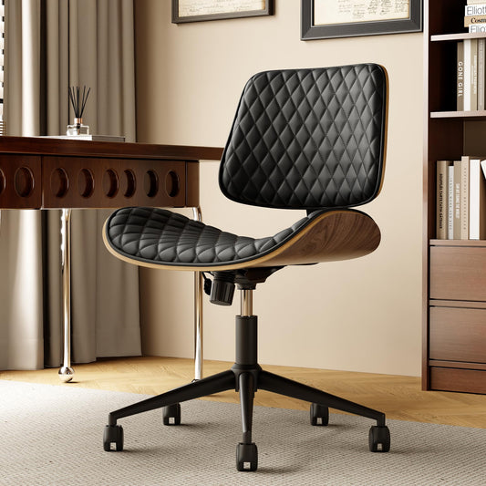 Home Office Desk Chair with Wheels, Armless Adjustable Height PU Leather Office Chair, Mid Back Ergonomic Computer Chair, Walnut Curved Seat Design No-Arm Chair (Half-Black) (All-Black)