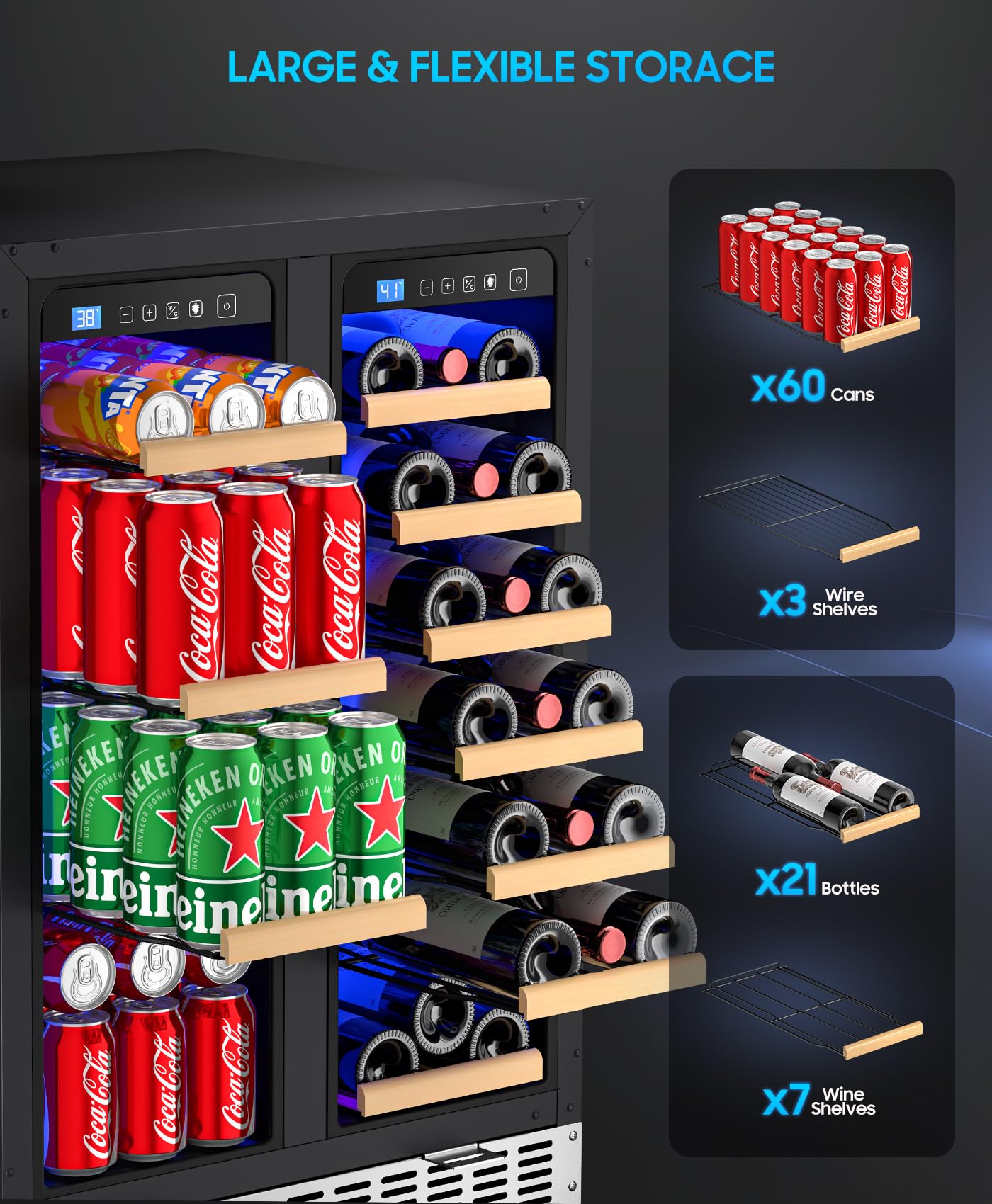 EORICE Wine and Beverage Refrigerator with Glass Door, 24-Inch Dual Zone Wine Fridge Under Counter - 21 Bottle and 60 Can Large Capacity Led Blue Light Smart Fast Cooling Wine Cooler Drink Fridge