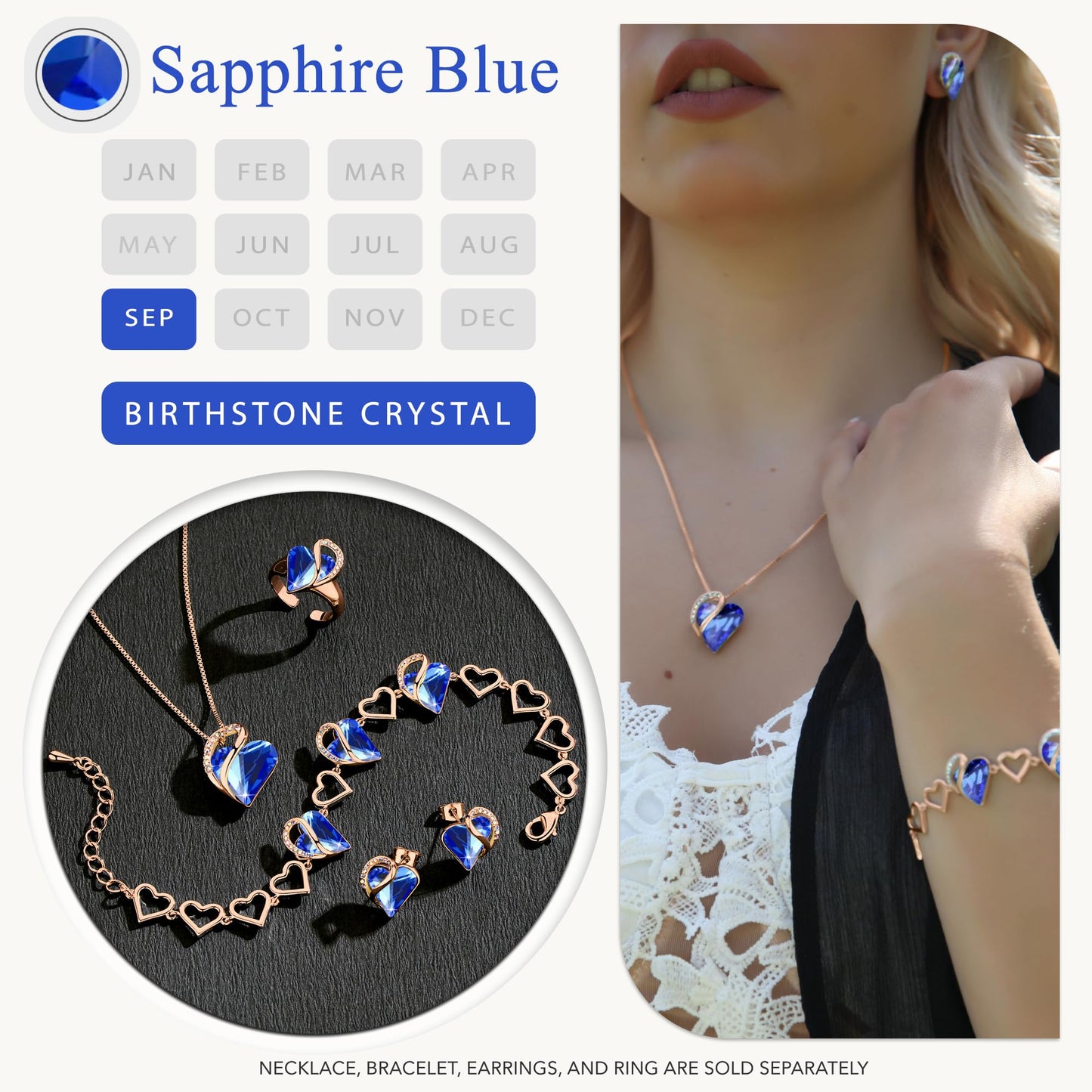 Leafael Gifts for Women Rose Gold Plated Necklaces: Heart Sapphire Blue Crystal, September Birthstone, Hypoallergenic Chain (18"+2"), Birthday Jewelry for Mom, Wife, and Girlfriend