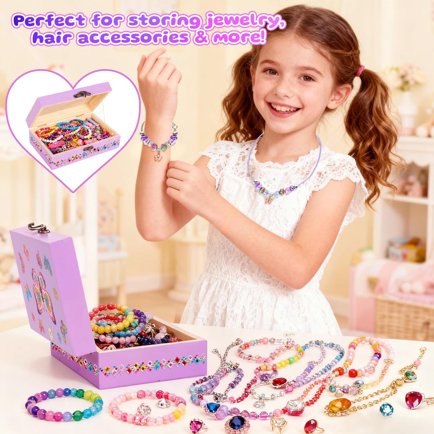 PinkSheep Arts and Crafts for Girls 6-12,Butterfly Jewelry Box for Girls,DIY Treasure Keepsake Box with Necklace & Bracelet Make It Set Gift