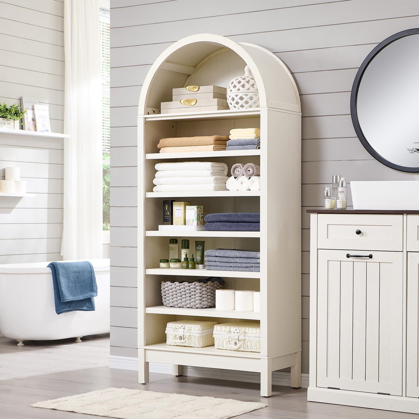 IFGET 71" Tall Arched Bookshelf, 7 Tiers Arch Bookcase with Storage, Modern Farmhouse Book Shelf with Adjustable Shelves, Wood Bookshelf w/Open Display Shelves for Living Room, Office (Antique White)