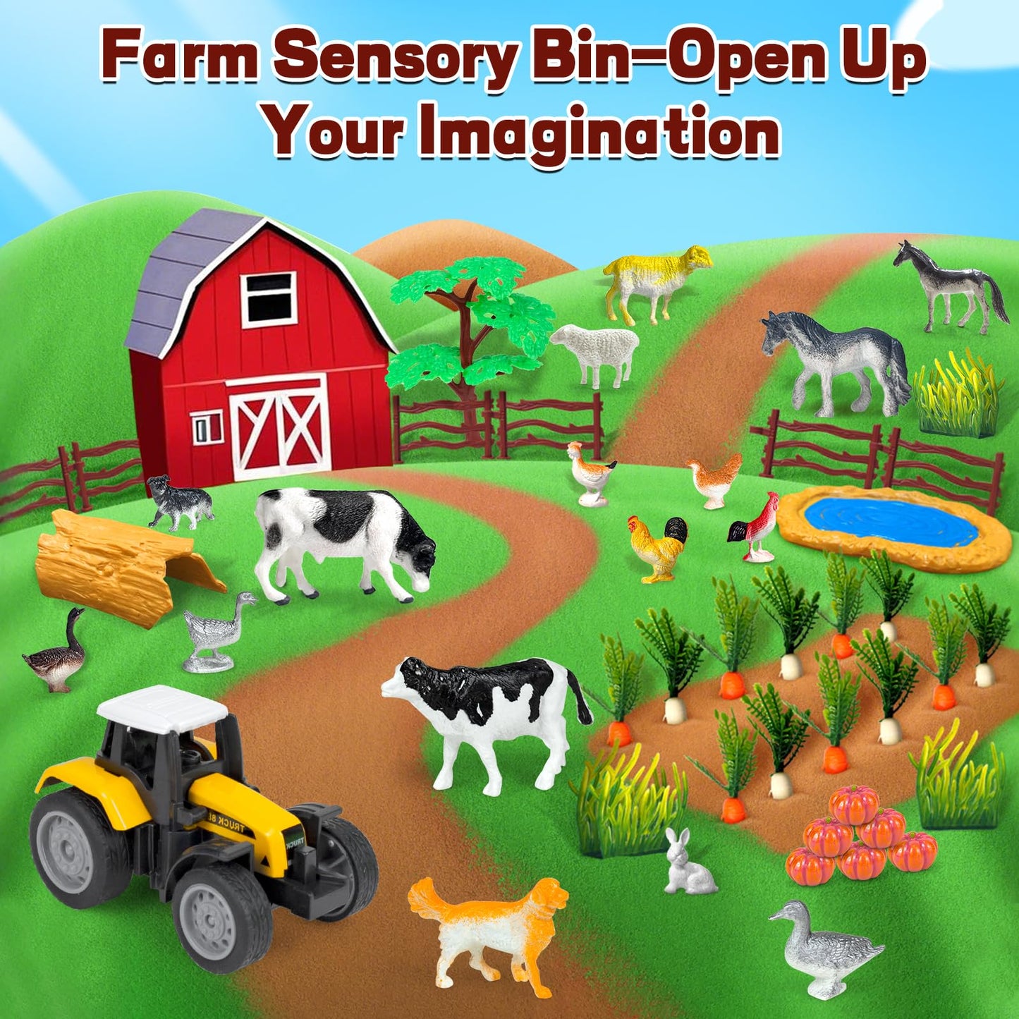 Bloolilies Sensory Bin, 59 Pcs Farm Sensory Sand Box Kits with Sandbox & Farm Animals & Tractor Playset, Play Sand Art Kit Magic Sand Toys for Boys Girls Toddlers Birthday Gift for Kids
