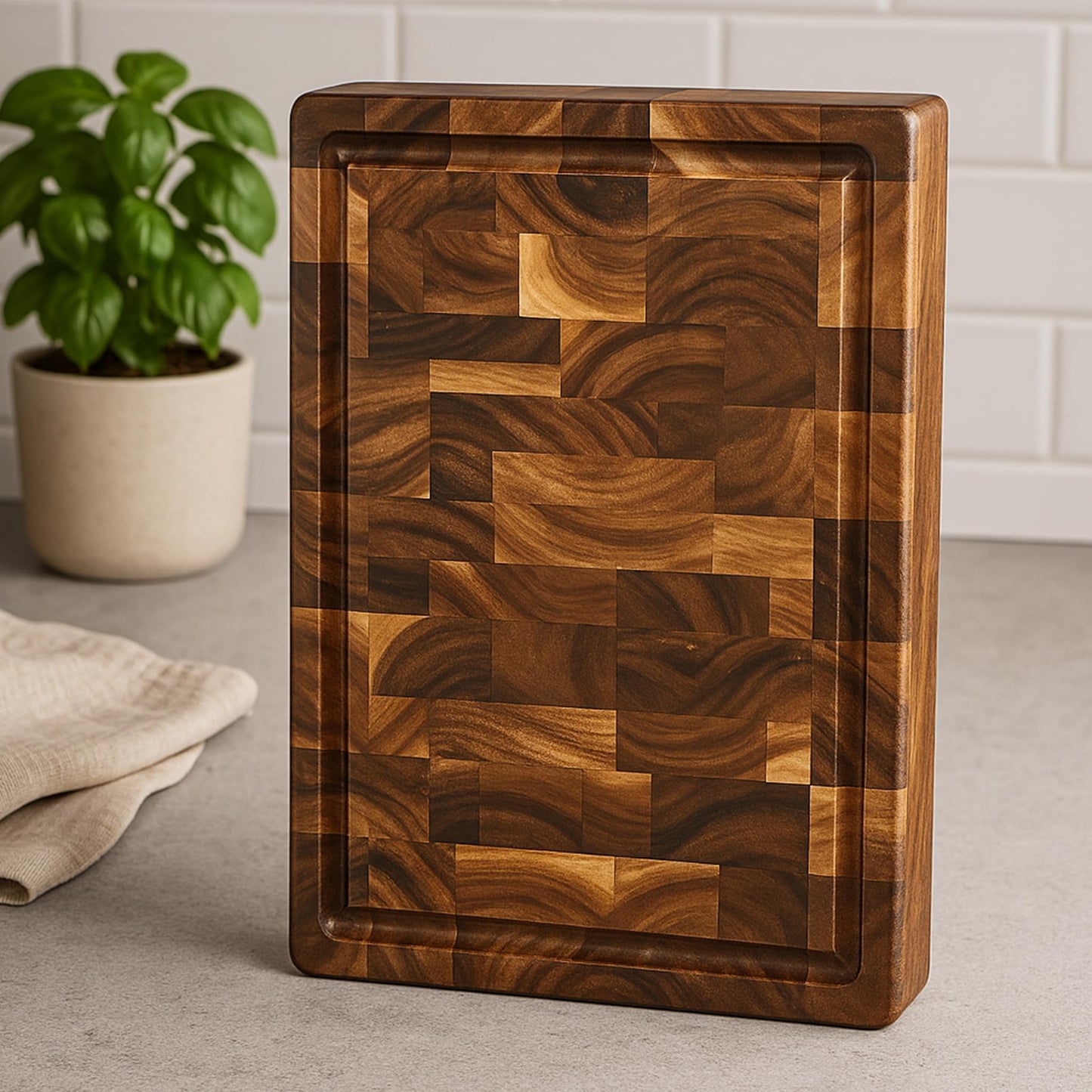 Seido Knives Gourmet Acacia End-Grain Cutting Board - 18" x 12" x 1.4" - Made From Acacia Wood Durable Withstand Heavy Duty Chopping Board Self-Healing Property Rubber Feet Juice Groove