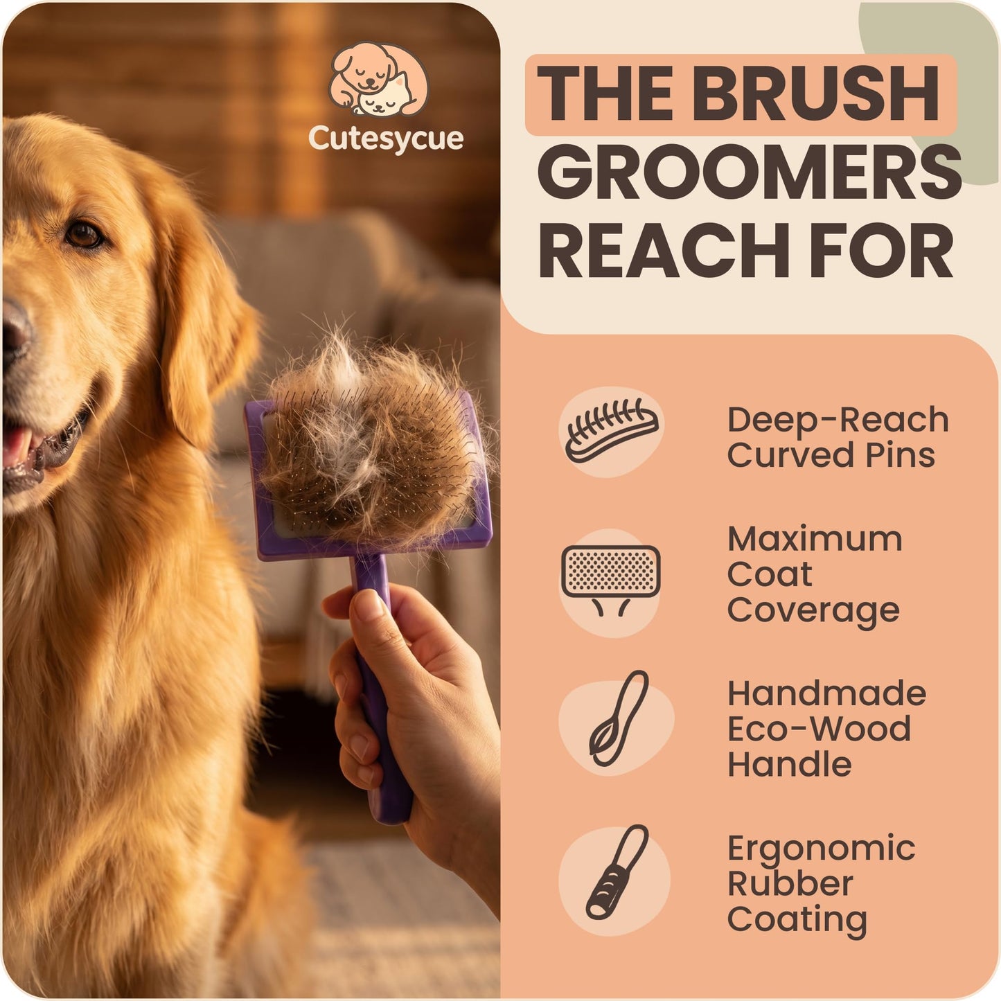 Dog Slicker Brush for Large Dogs – Gentle Long Bent Pins for Goldendoodles, Labradoodles & Poodles – Removes Tangles, Knots & Mats – Eco-Friendly Handmade Wood Brush, Groomer-Recommended Comfort Grip