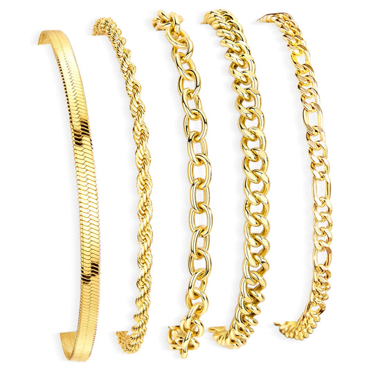 Gold Bracelets for Women 14K Gold Plated Stainless Steel Waterproof Non Tarnish, Dainty Stackable Bracelet Set for Women, 5 Pcs Layered Figaro Paperclip Herringbone Rope Cuban Chain Jewelry Birthday Gifts