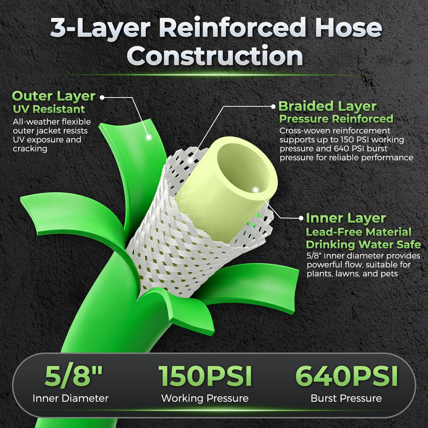 Garden Hose 50 FT with 8-Pattern Spray Nozzle, Flexible Garden Hose 5/8 Inch Food-Grade Rubber Hybrid Water Hose for Outside, Kink-Resistant Outdoor Hose