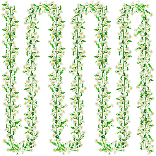 4 Pack Artificial Daisy Flowers Vine, 27.2 Ft Silky Artificial Garland with White Daisy and Vine Floral Garlands Decoration for Room Wall, Flower Themed Party, Wedding Supplies