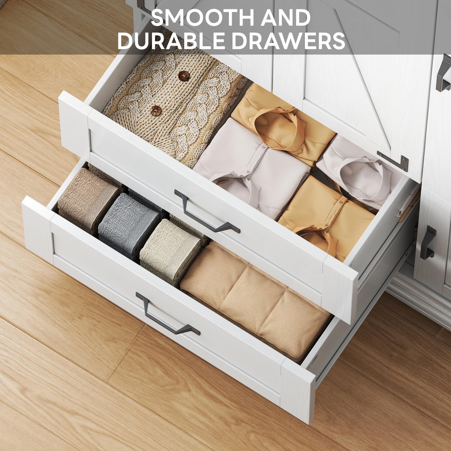 LIKIMIO Armoire Wardrobe Closet 71" H, Bedroom Wooden Wardrobe with 4 Doors and 2 Drawers, Farmhouse Clothing Storage Cabinet Combination with Hanging Rod, Shelves, and Hooks, White