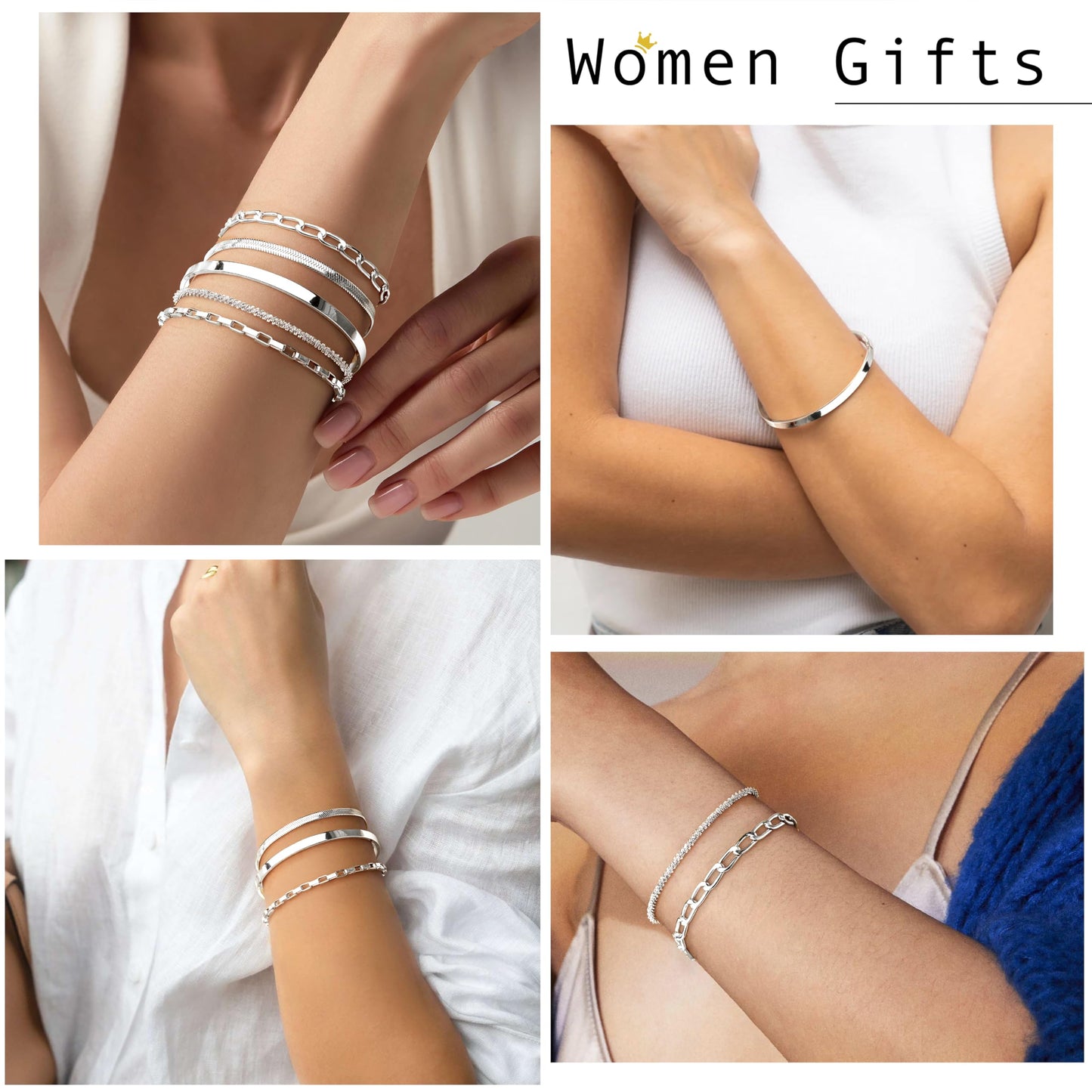Silver Bracelets Stack for Women Waterproof, Stackable Bracelet Set with Silver Bangle Cuff, Box Link, Paperclip, Herringbone, Sparkling Chain, Adjustable Non Tarnish Jewelry Gifts for Women
