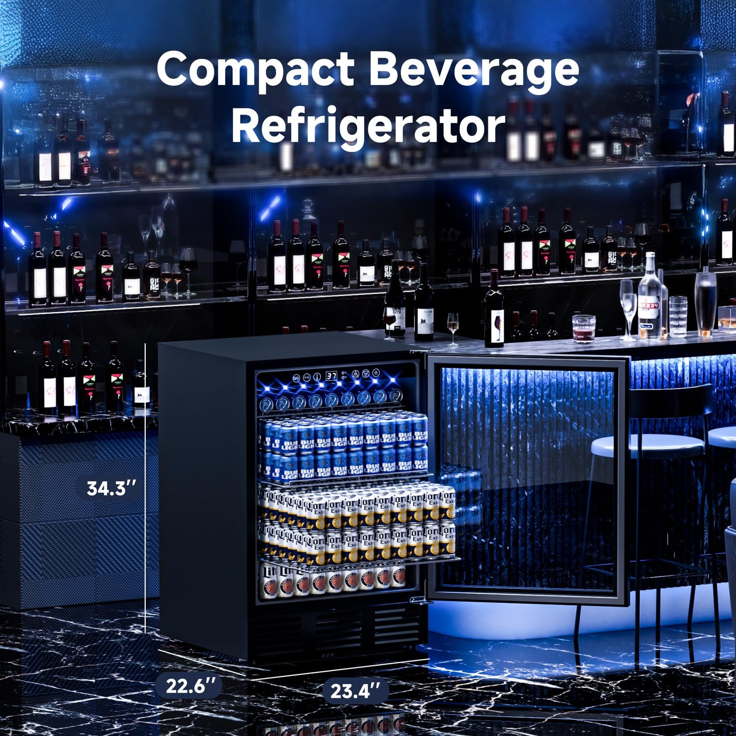 ICEVIVAL 24 Inch Built-In Beverage Cooler for 182 Cans, Under Counter Beer Fridge with Tempered Glass Door & LED Lighting, Freestanding/Integrated Installation (Black)