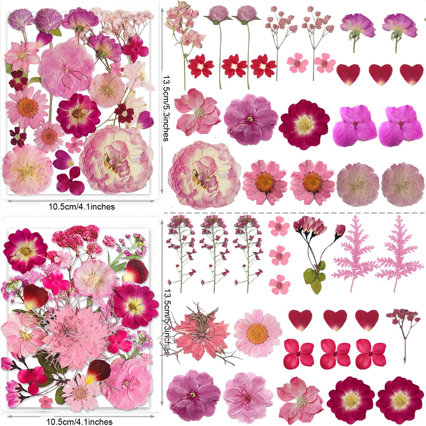 148PCS Pink Dried Pressed Flowers with Butterfly Stickers - YouthBro Real Nature Flowers Craft Set for Resin Jewelry Candle Soap Vase Making Nail Card Scrapbook Art Floral Decors