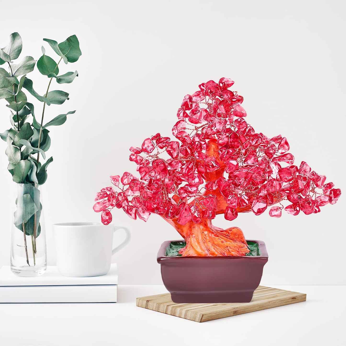 AzureLeap Feng Shui Quartz Crystal Money Tree Bonsai Style Decoration for Luck and Wealth (Red)