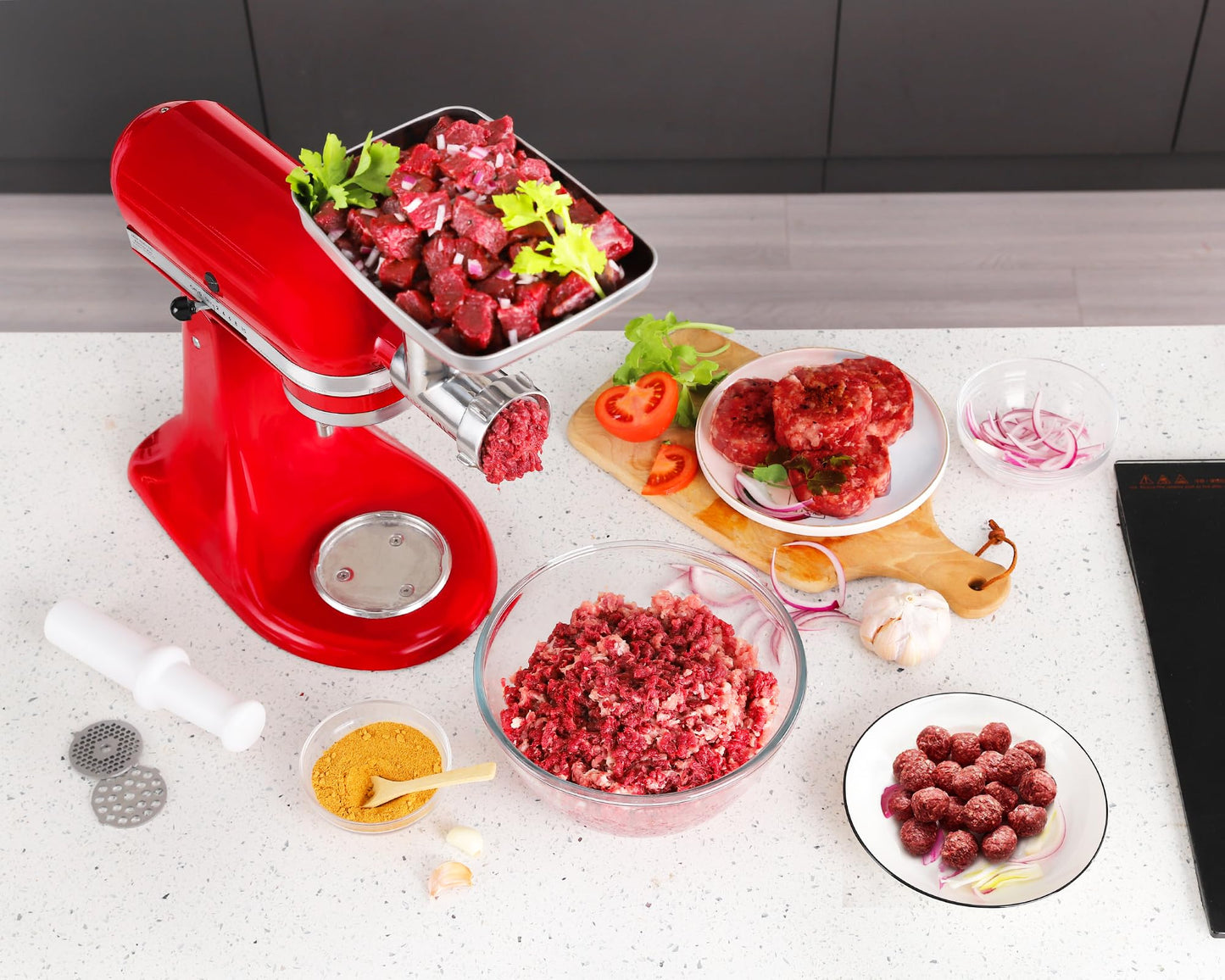 FavorKit Stainless Steel Food Grinder Attachment for KitchenAid Mixers, Dishwasher Safe Meat Processor Aceesory Included 3 Sausage Stuffer Tubes