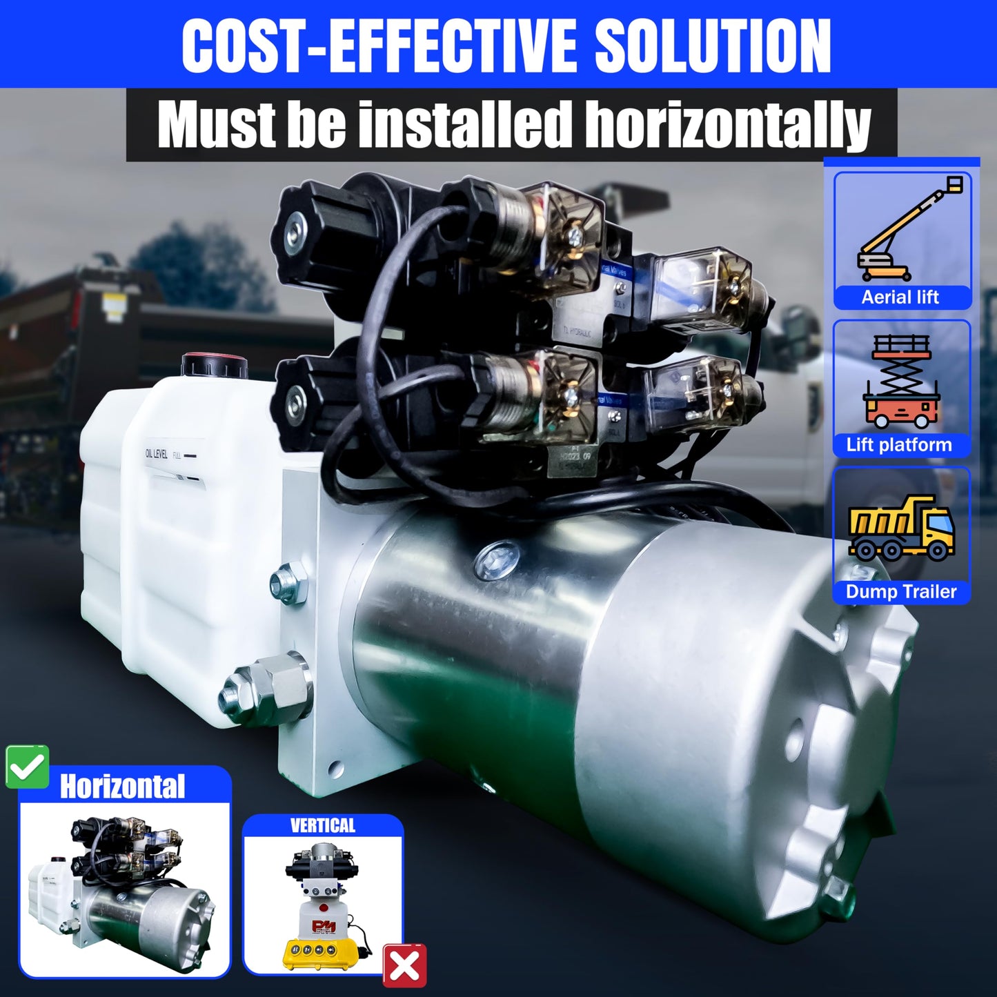 Primary Mover Hydraulic Pump for Dump Trailer - Dual Double 12Vdc Hydraulic Power Units - Dump Trailer Pump Poly Reservoir with 4 Button Remote Controller (8 Quart)