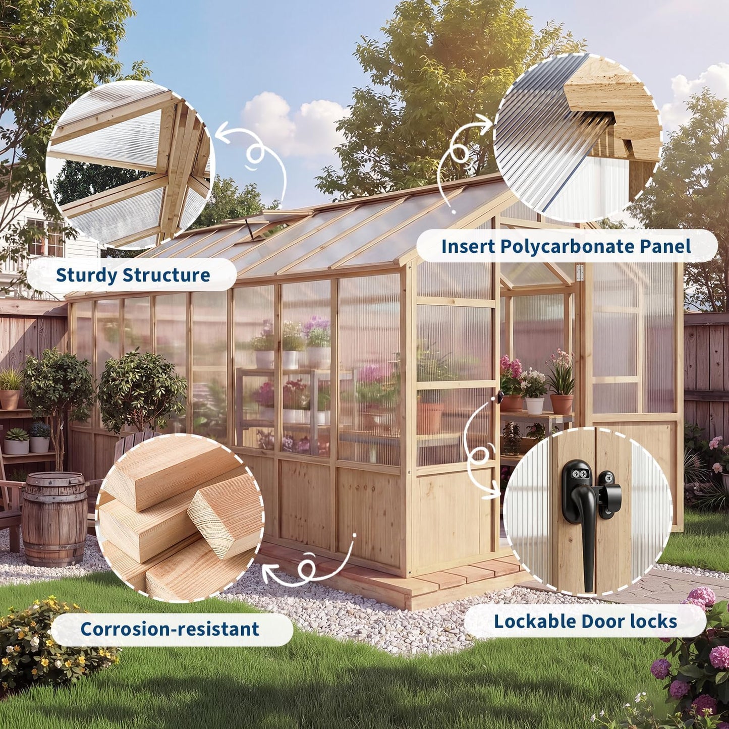 8X16 ft Outdoor Wooden Greenhouse with Lockable Door, Adjustable Roof Vent & Polycarbonate Panels, UV Protection, Large Cedar Wood Walk-in Green House for Garden, Backyard, Patio, Lawn, Light Brown