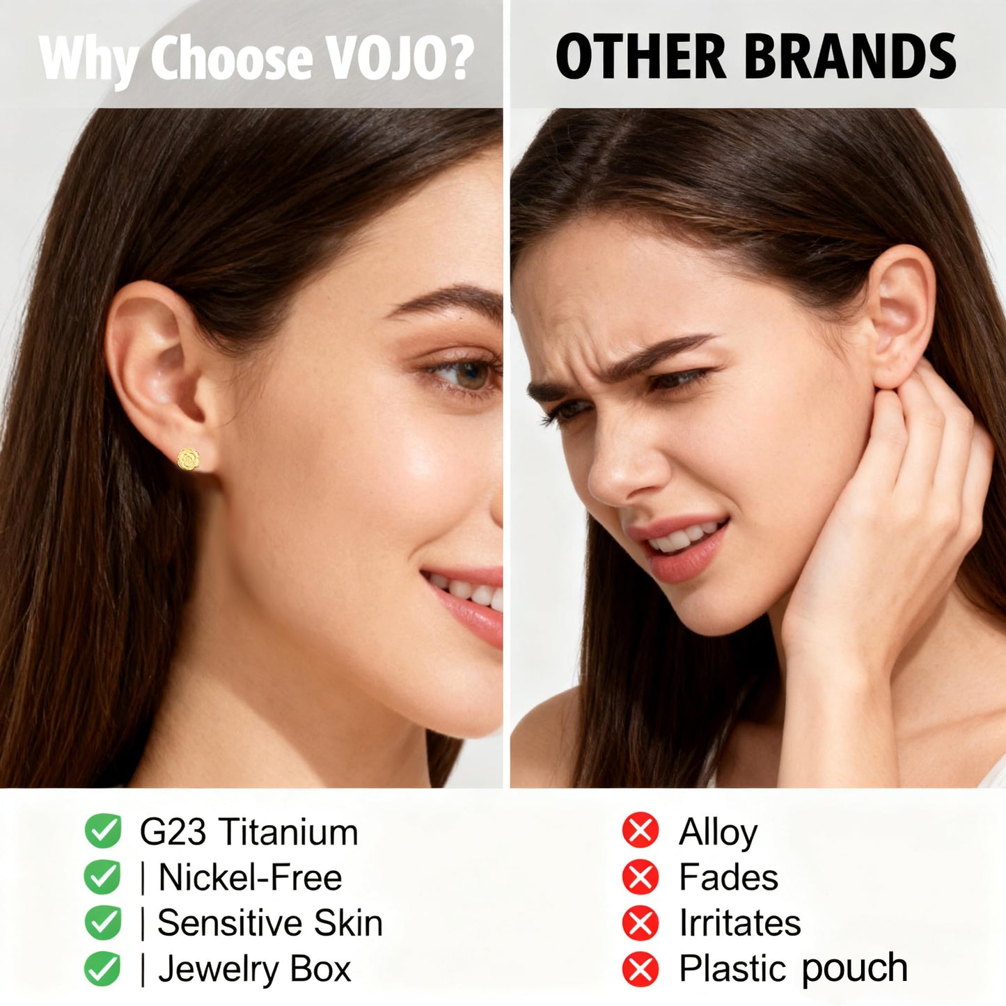 VOJO Implant Grade G23 Titanium Stud Earrings for Sensitive Ears Post Pierced Cartilage Lobe Earring Stud for Women (Gold ROSE)