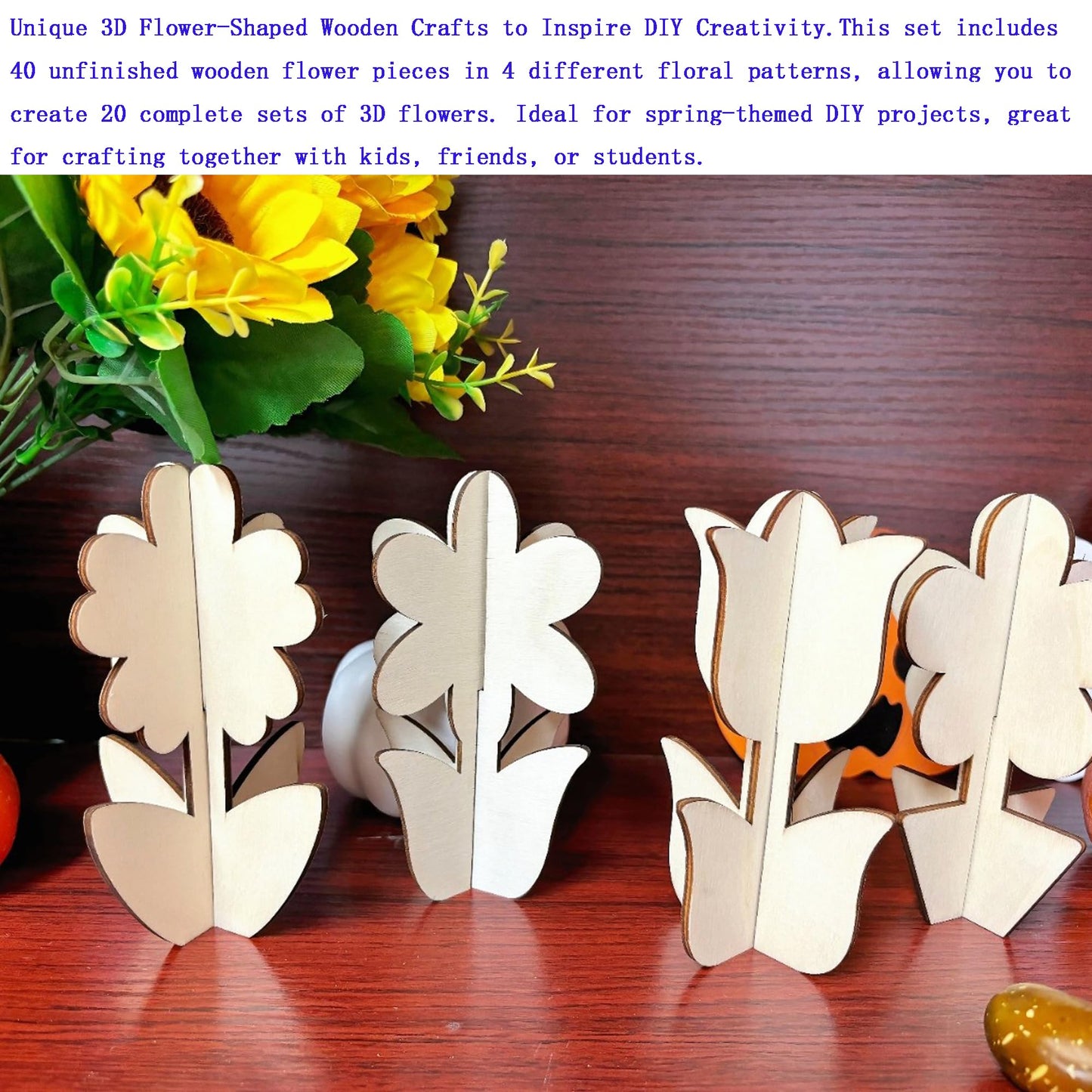 40PCS 3D Unfinished Blank Flower Wooden Cutouts Craft for Kids,Spring Tulip for Children's Painting DIY Room Decoration Gift Giving Surprise (40Flower)
