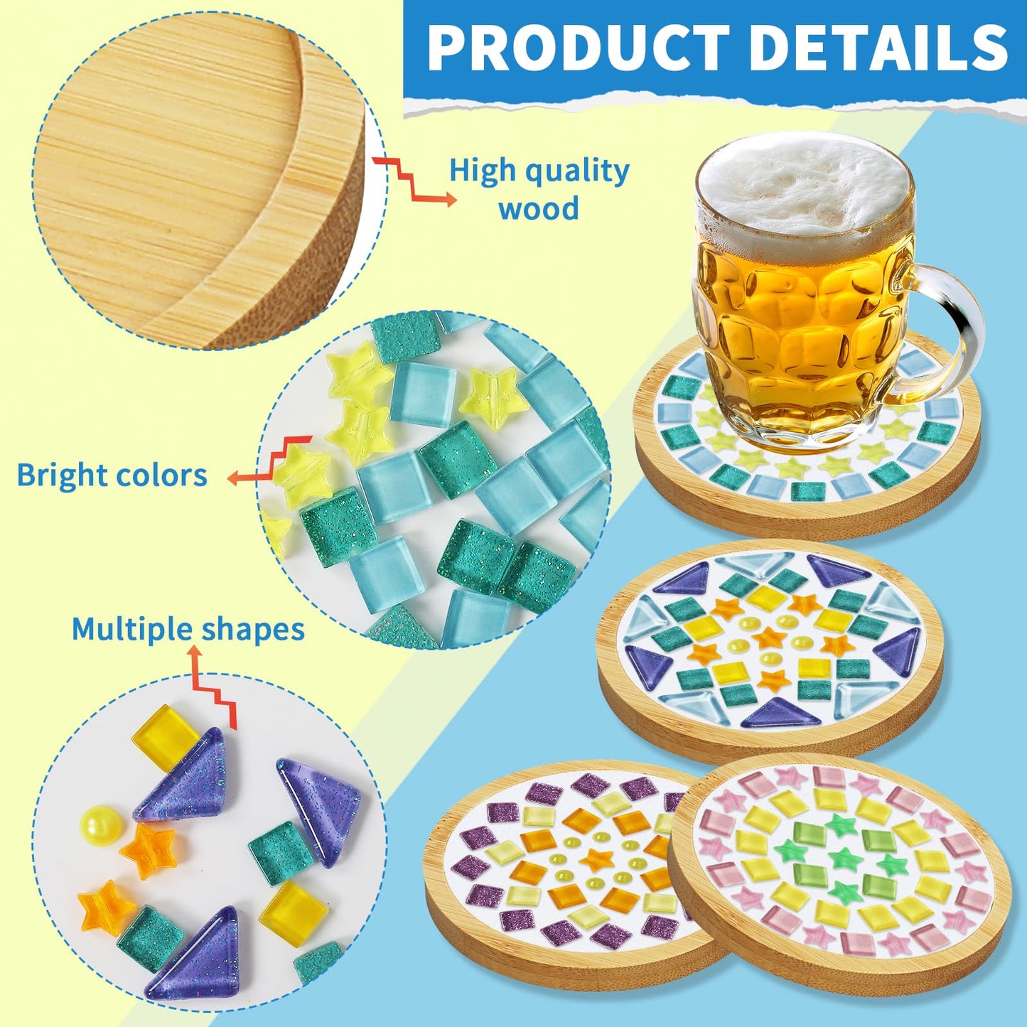 Tumwisk Mosaic Tiles, 4 Sets DIY Glass Mosaic Tiles for Crafts,4 Styles of DIY Mosaic Coaster Kit Material Package for Adults Handmade Home Table Desk Decoration Housewarming Present