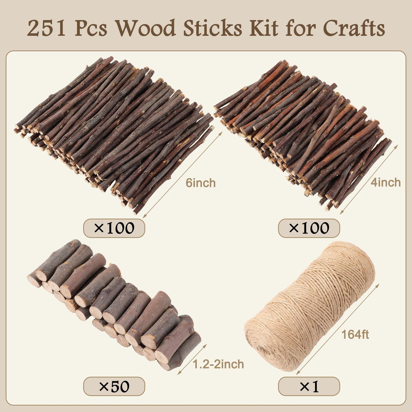 Suncalla 251 Pack Wooden Log Sticks for Crafts Kit 6 Inch and 4 Inch Natural Twigs Stick 0.8cm in Diameter Wood Log 164 Feet Jute Twine for DIY Rustic Home Decor School Projects Crafting Filler