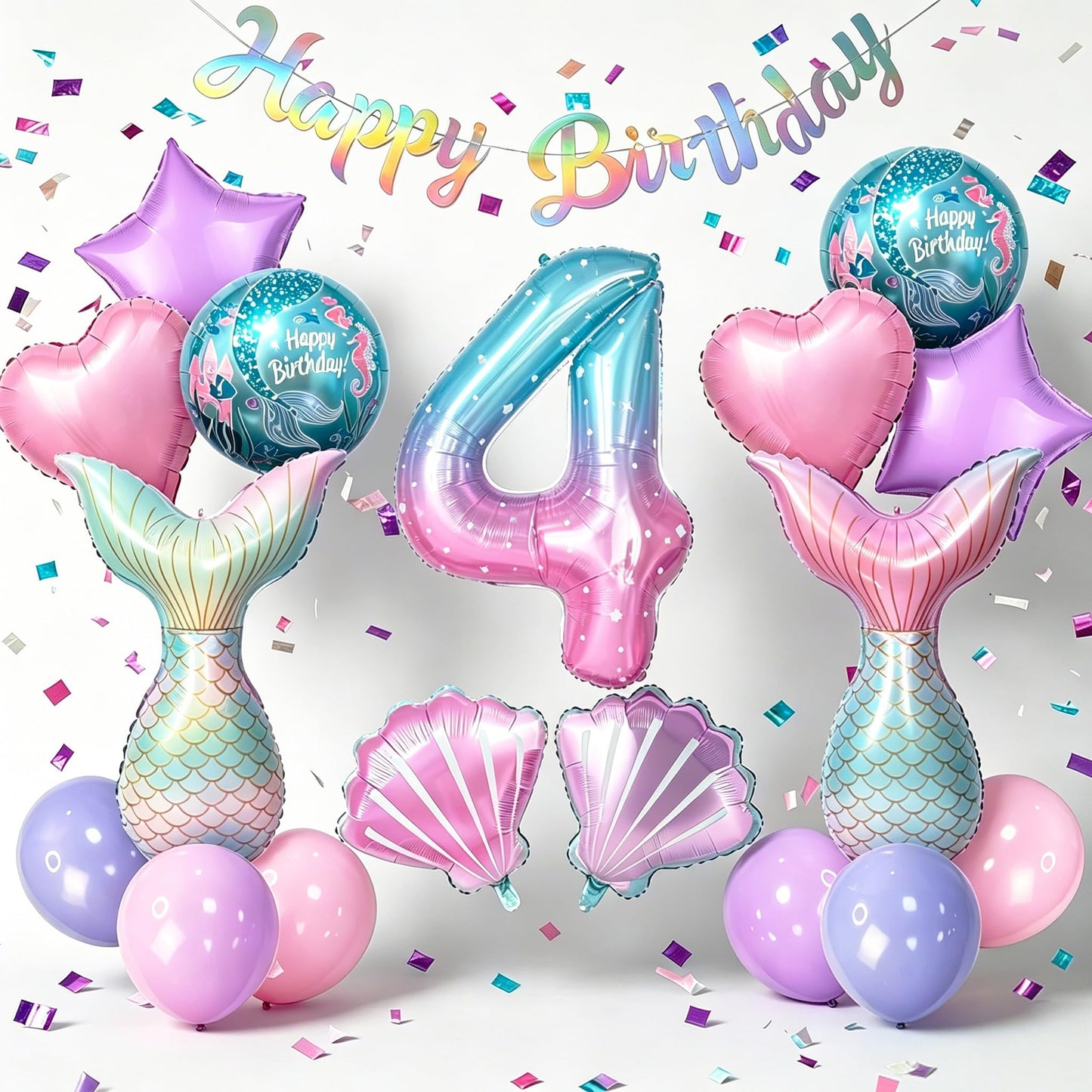 Mermaid Birthday Decorations for Girls Age 3-7, Purple Blue Pink Mermaid Theme Party Supplies with Large Shell Foil Balloons, Banner, Heart and Star Balloons for Kids Baby Shower (4th)