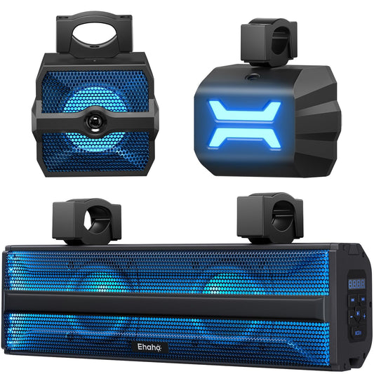 Ehaho 2.1CH Stereo UTV Sound Bar (Subwoofer) and Speakers, 17 Inch Bluetooth ATV Soundbar with RGB Lights, Waterproof Golf Cart Speakers, Marine Sound bar Compatible with SXS Polaris RZR Can-Am