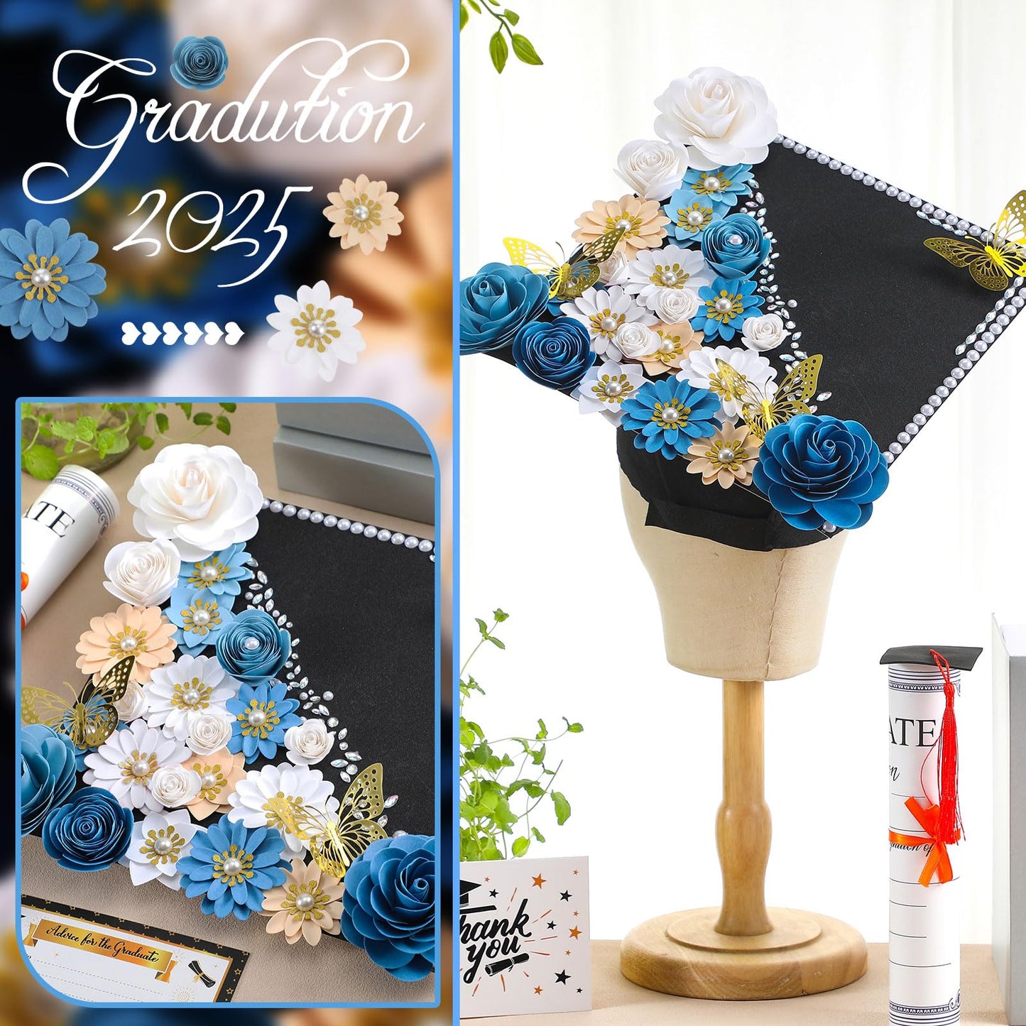 Thiccywoov 43 Pcs Graduation Cap Decorations Kit Includes Artificial Flowers Faux Flower Heads 3D Butterfly Stickers Pearl Rhinestones Glitter Stickers for Grad Cap Topper DIY Graduation Gift(Blue)