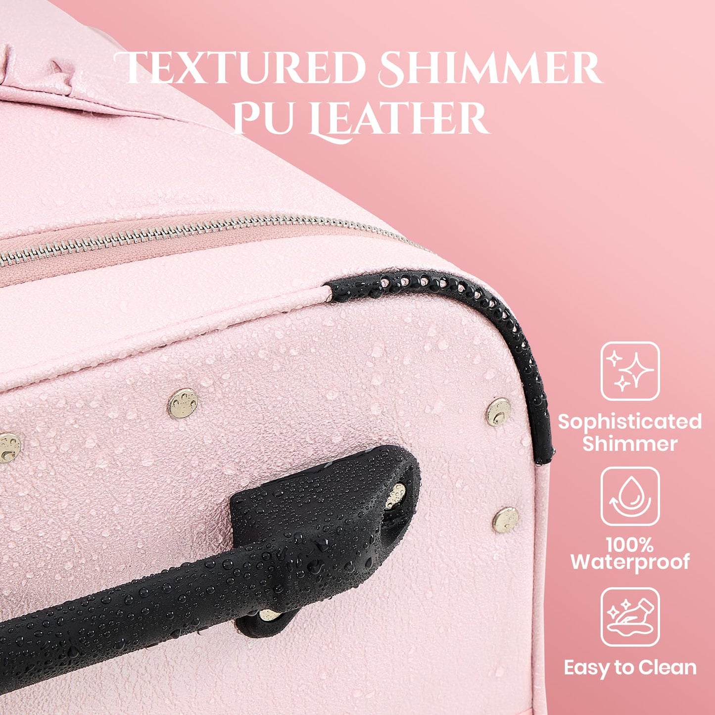 Fanwoli 23" Dance Bag with Garment Rack | Luminous Poise Collection | Waterproof Textured Shimmer | Competition Travel Duffel Luggage for Cheer, Skating, Gymnastics & Sleepover | Stardust Pink
