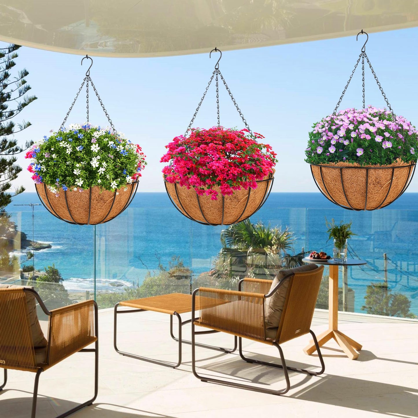 HKZ Hanging Basket Planter Plants Outdoor - 4 Pack 12 Inch Metal Hanging Planter with Coco Liners, Chain Hook Hanging Flower Pots for Indoor Outdoor Garden Porch Decoration