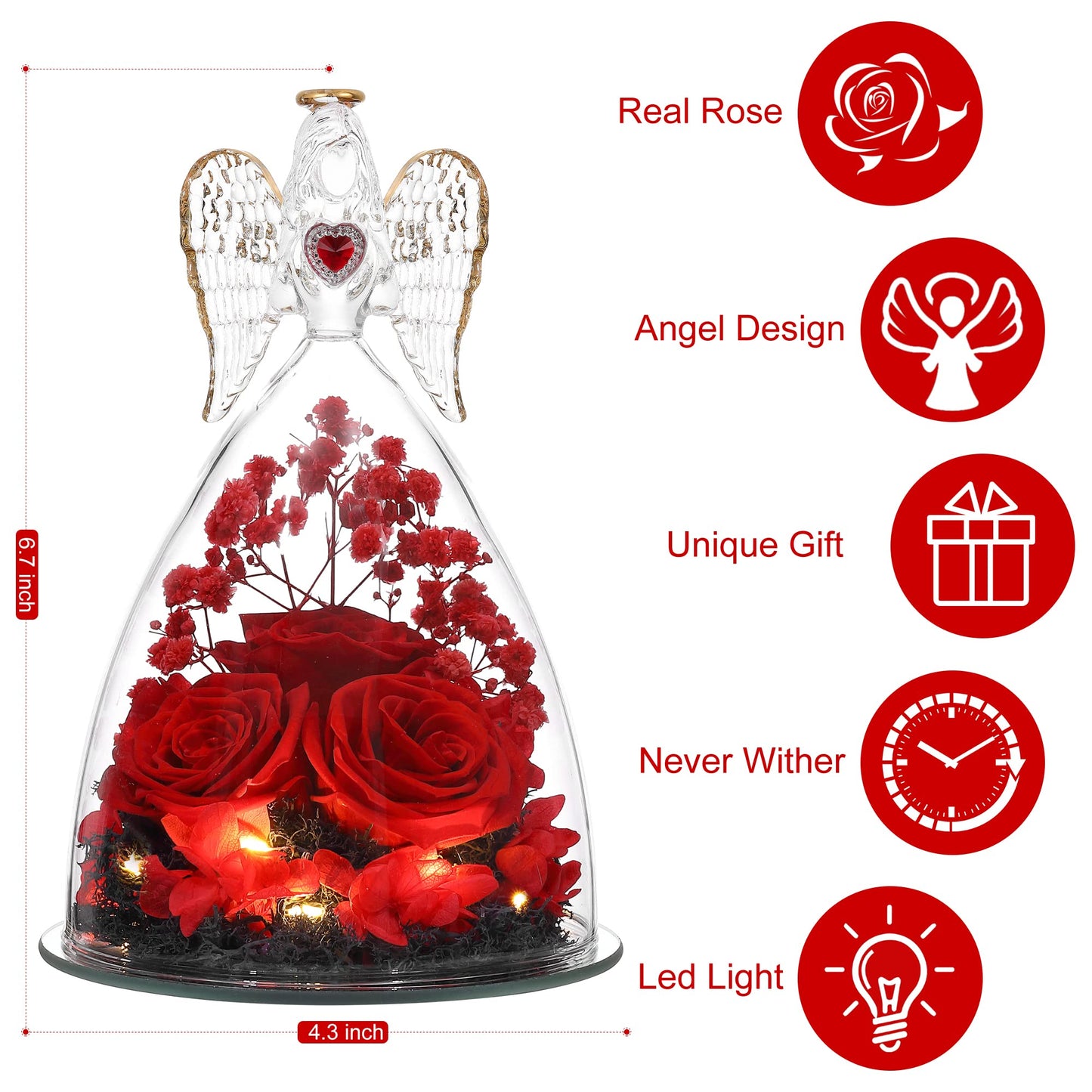 Tiaronics Mothers Day Rose Gifts for Women, Large Angel Figurines with Real Roses, Preserved Real Flower Rose for Her - Red